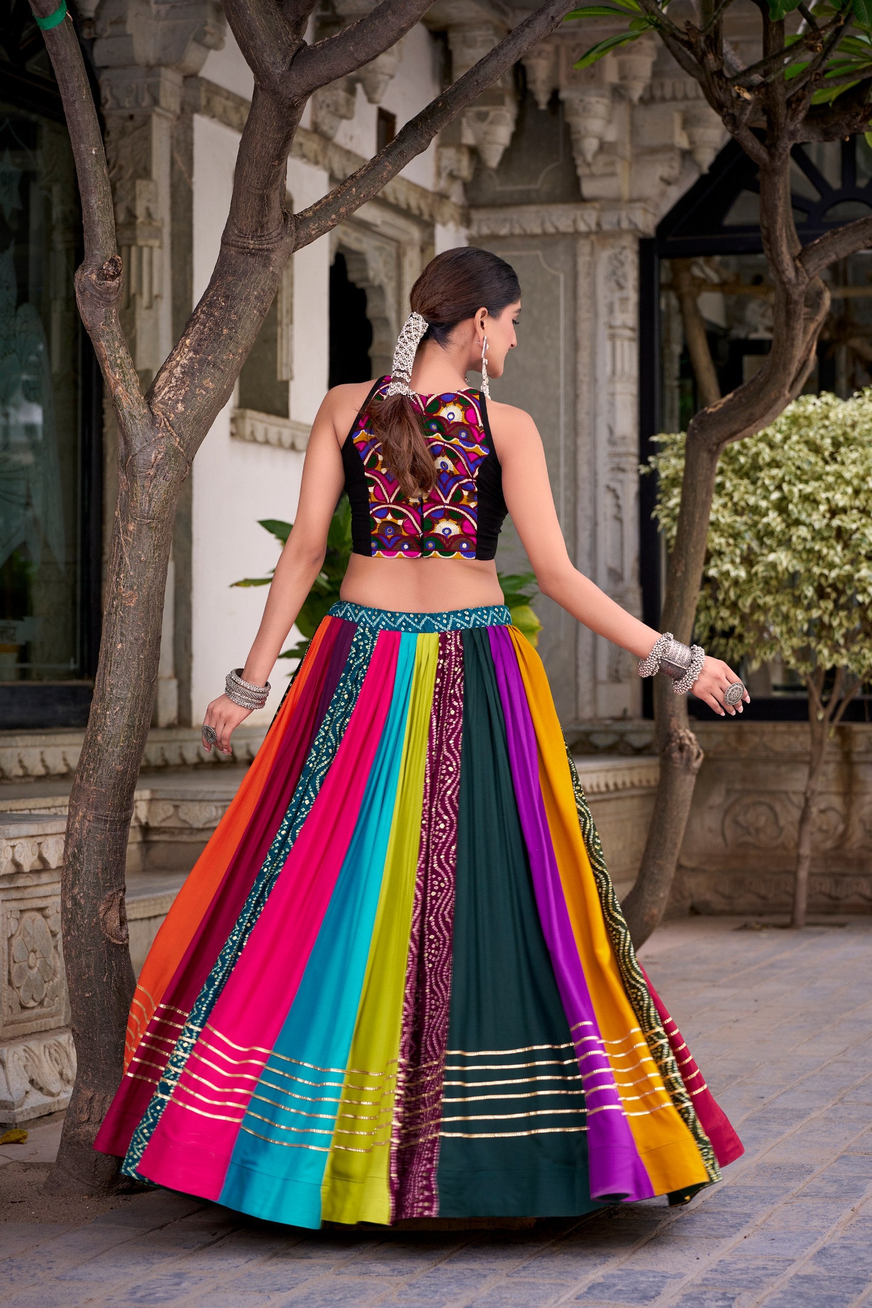 Womenline Multicolor Navratri Mirror Work Designer Lehenga