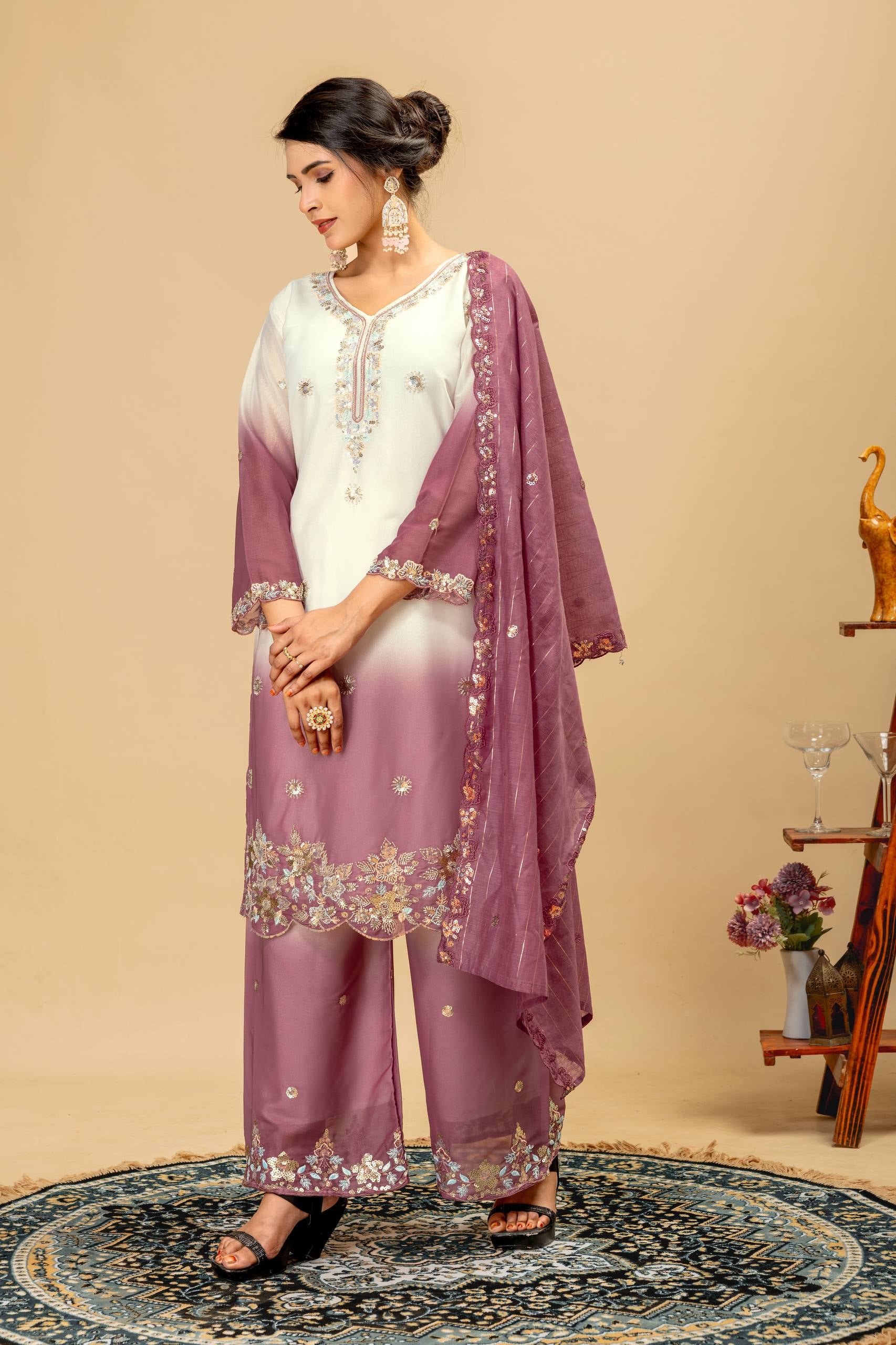 Womenline Lavender Mist Embroidered Palazzo Suit with Elegant Dupatta