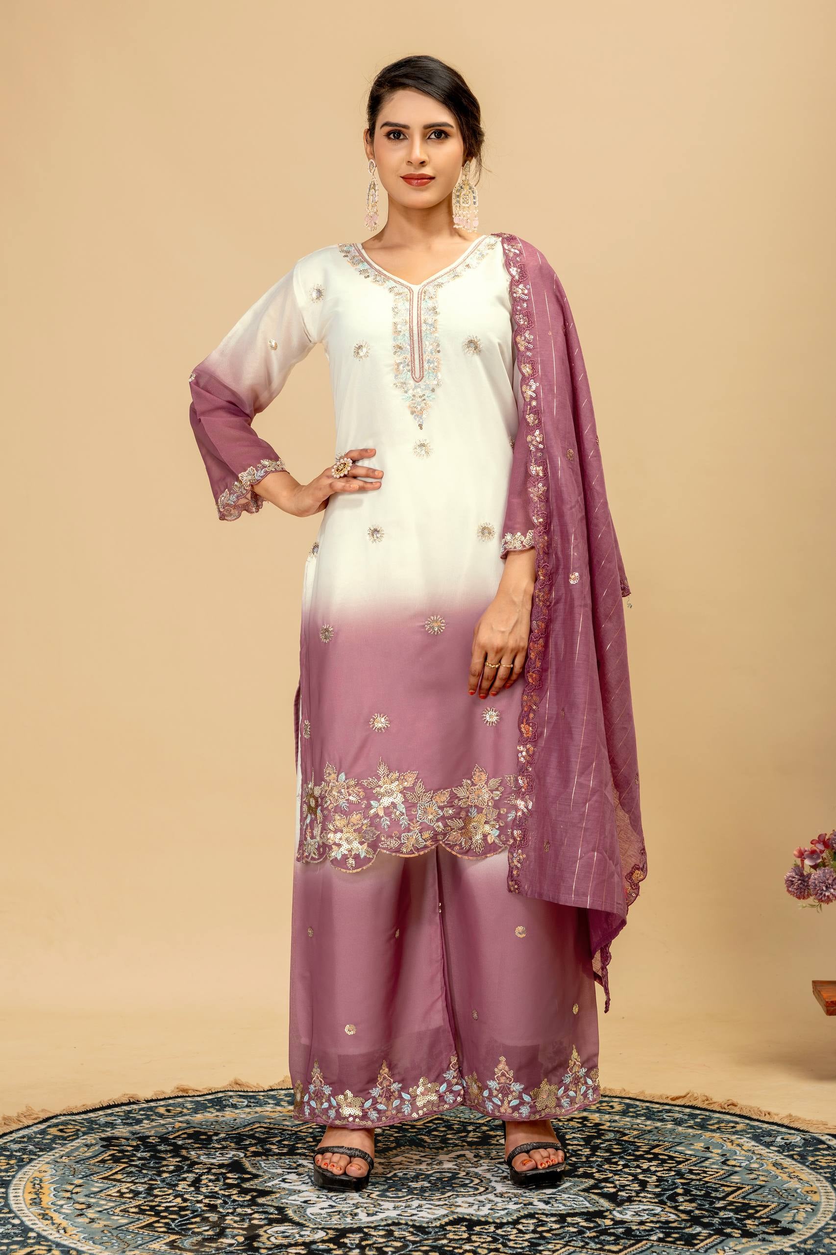 Womenline Lavender Mist Embroidered Palazzo Suit with Elegant Dupatta