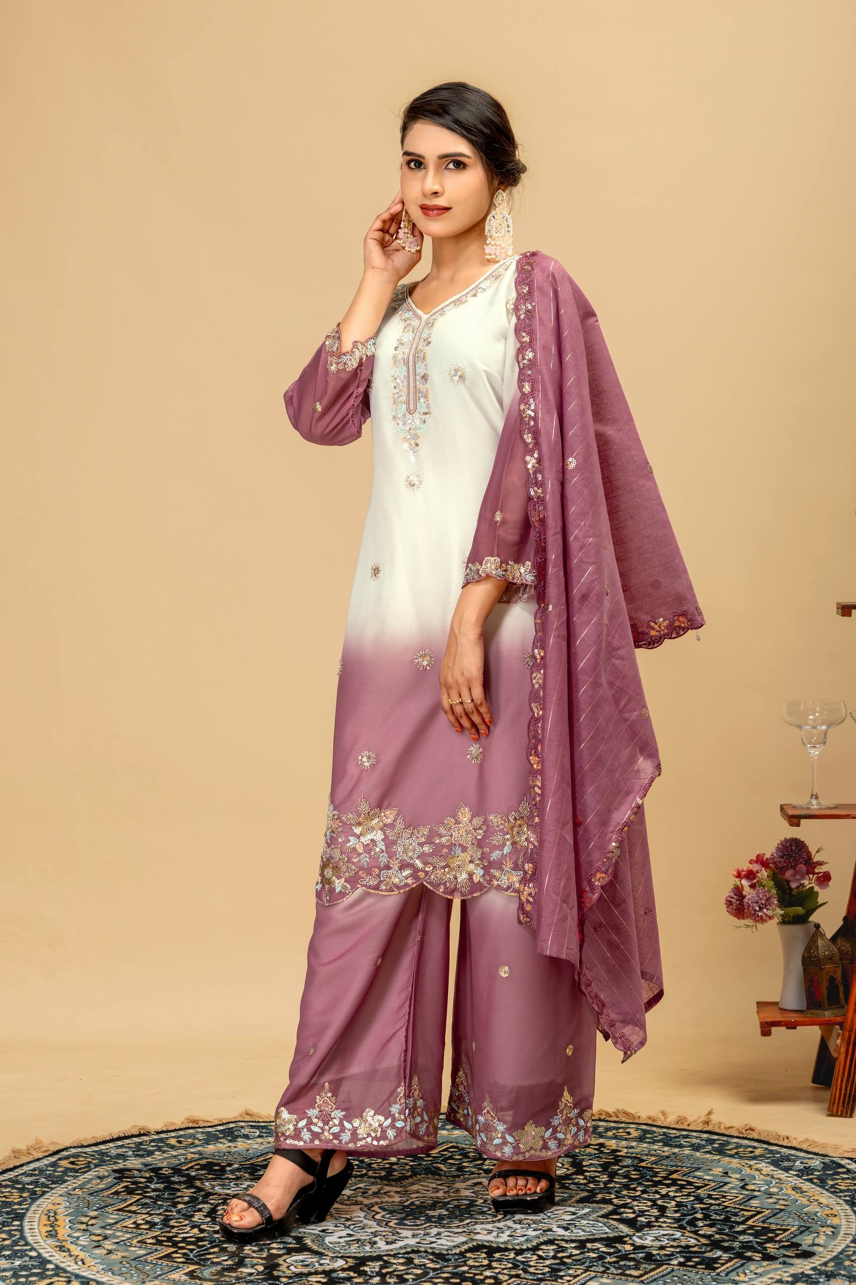 Womenline Lavender Mist Embroidered Palazzo Suit with Elegant Dupatta
