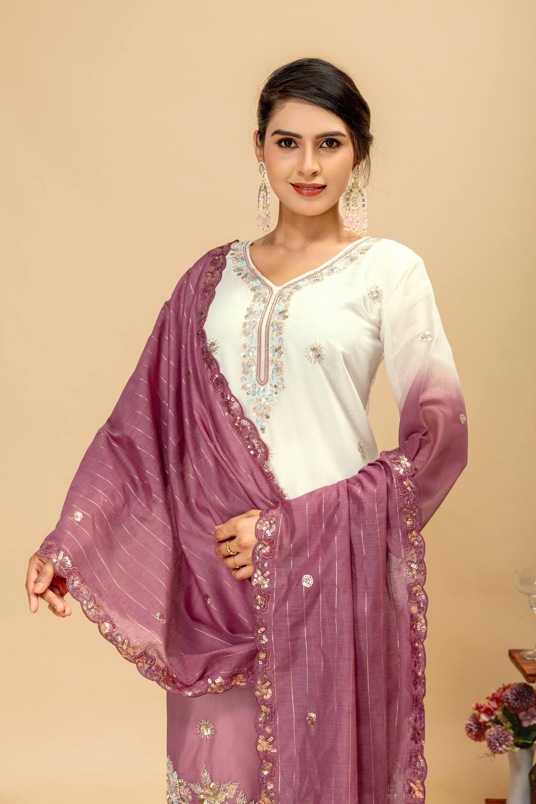 Womenline Lavender Mist Embroidered Palazzo Suit with Elegant Dupatta