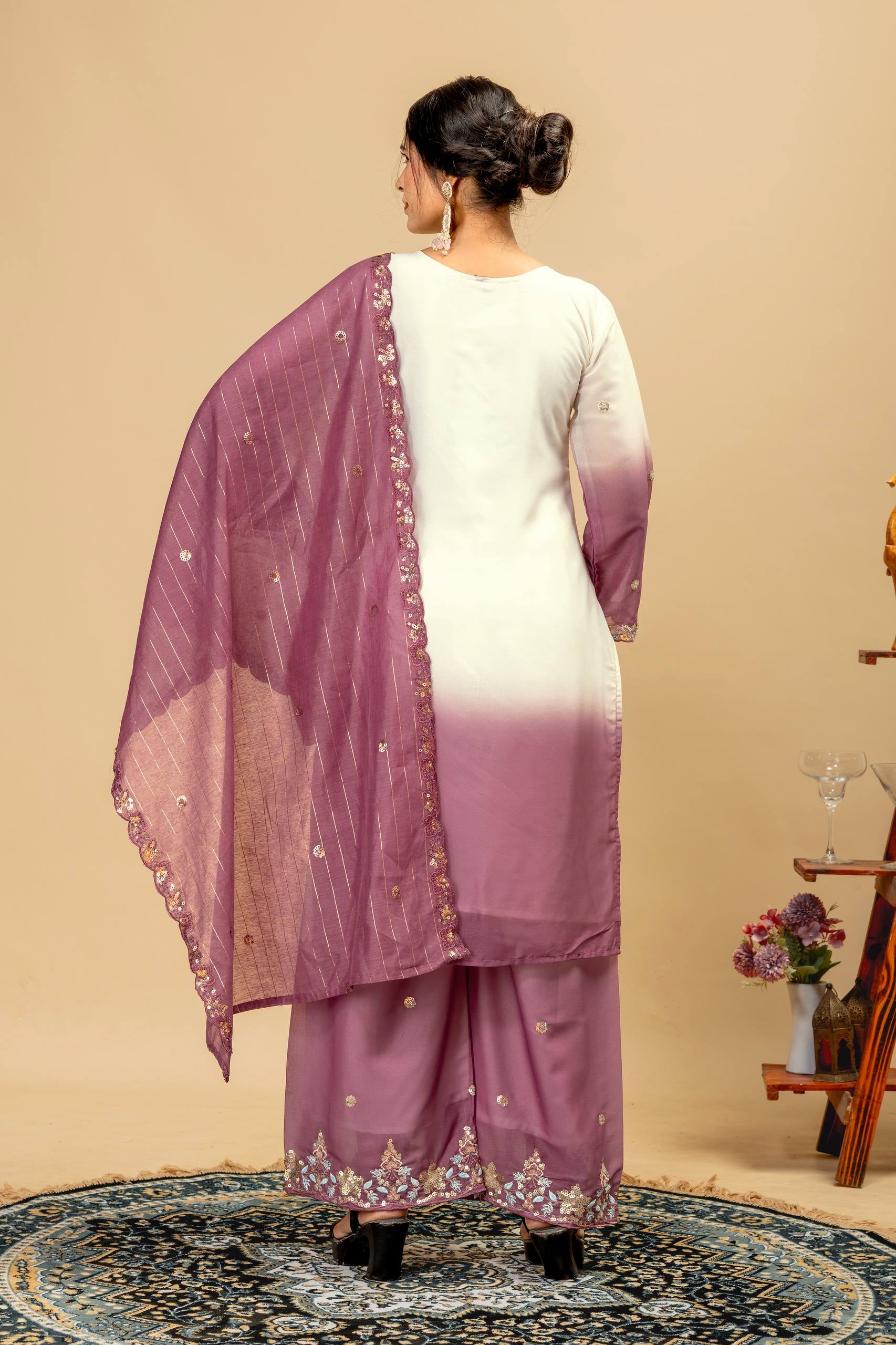 Womenline Lavender Mist Embroidered Palazzo Suit with Elegant Dupatta