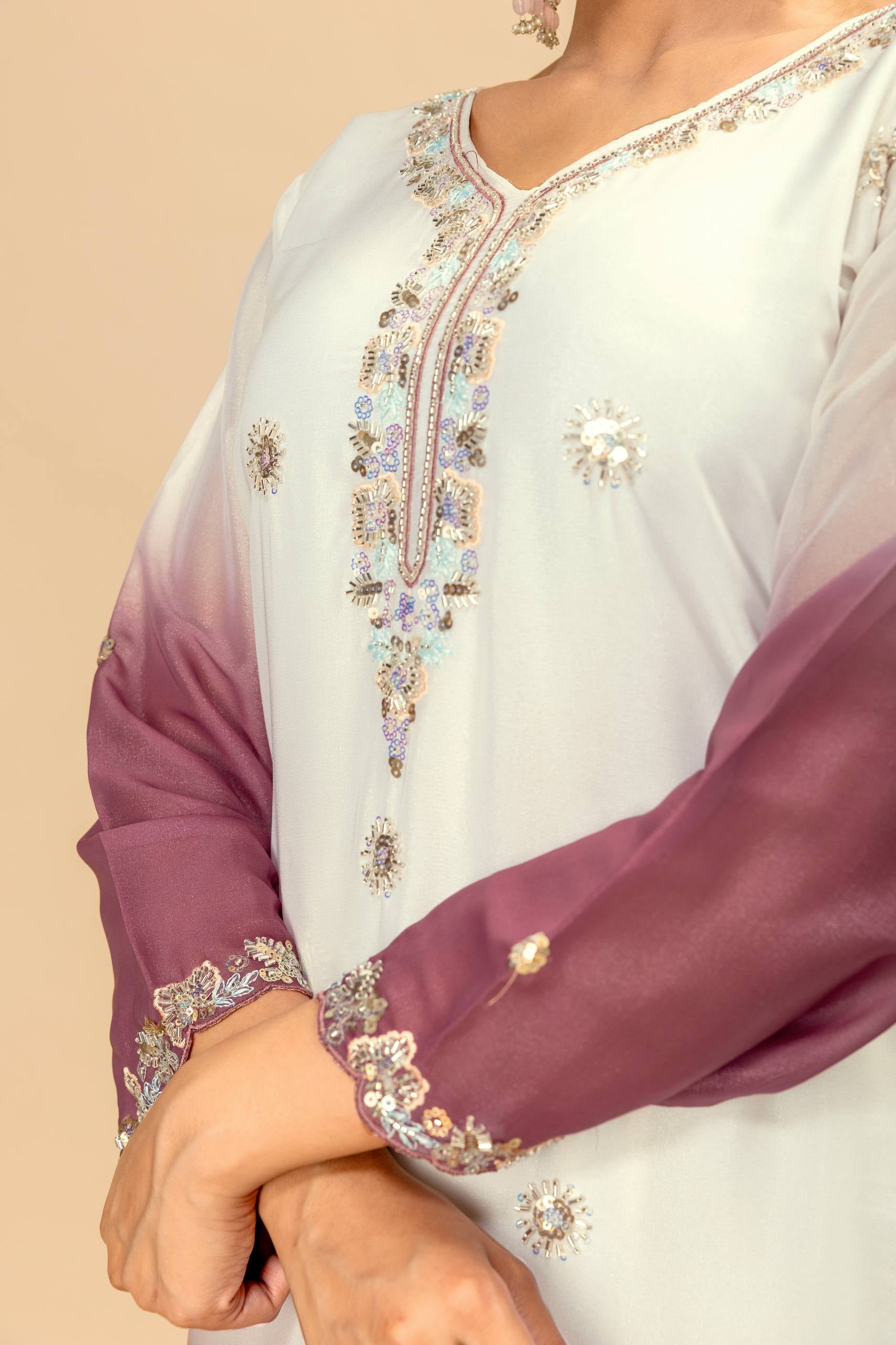 Womenline Lavender Mist Embroidered Palazzo Suit with Elegant Dupatta