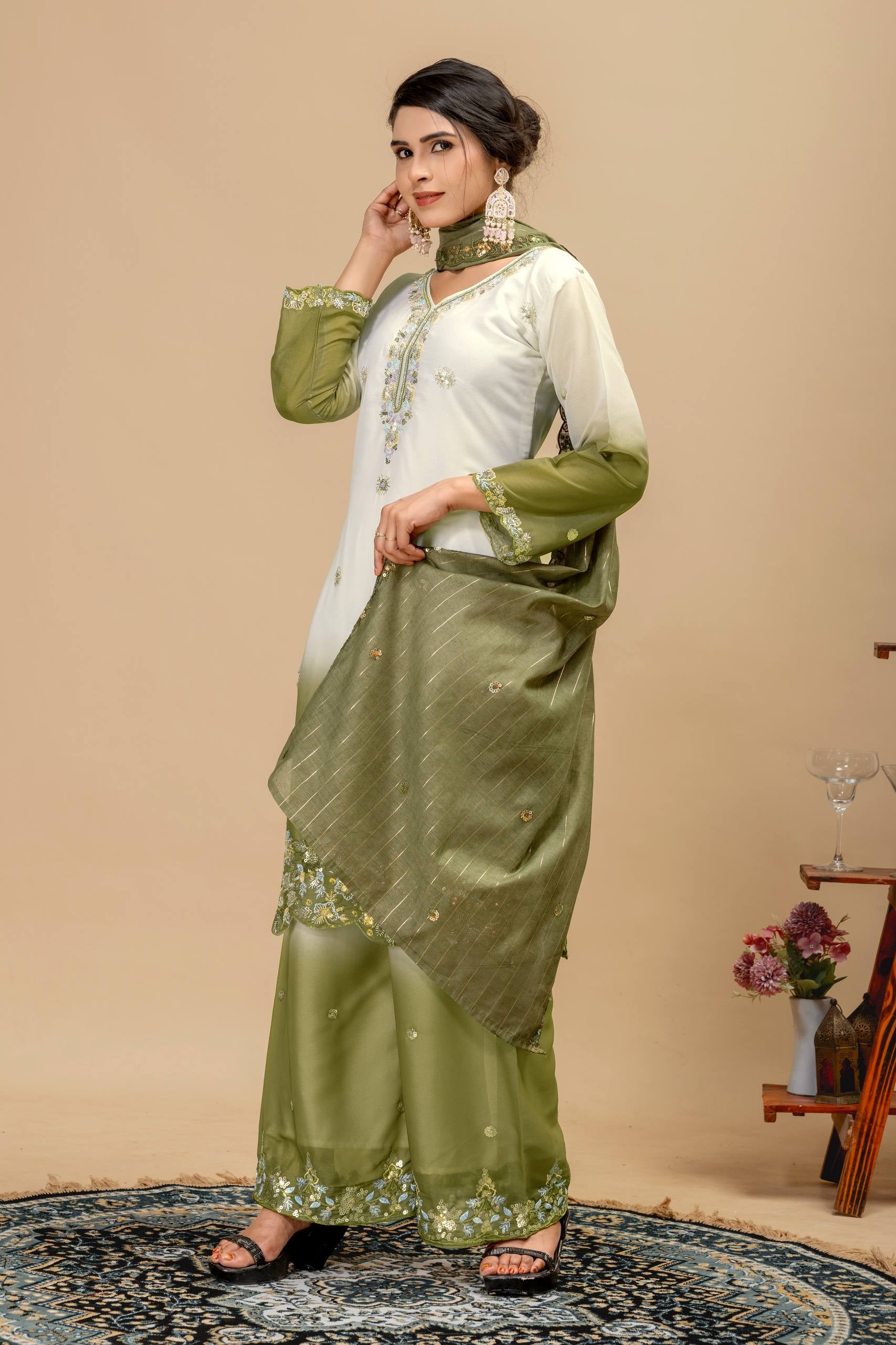 Womenline Olive Mist Embroidered Palazzo Suit with Graceful Dupatta