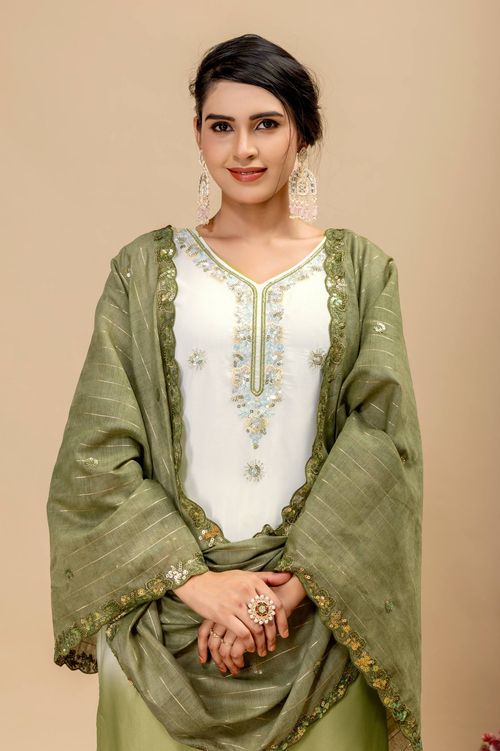 Womenline Olive Mist Embroidered Palazzo Suit with Graceful Dupatta
