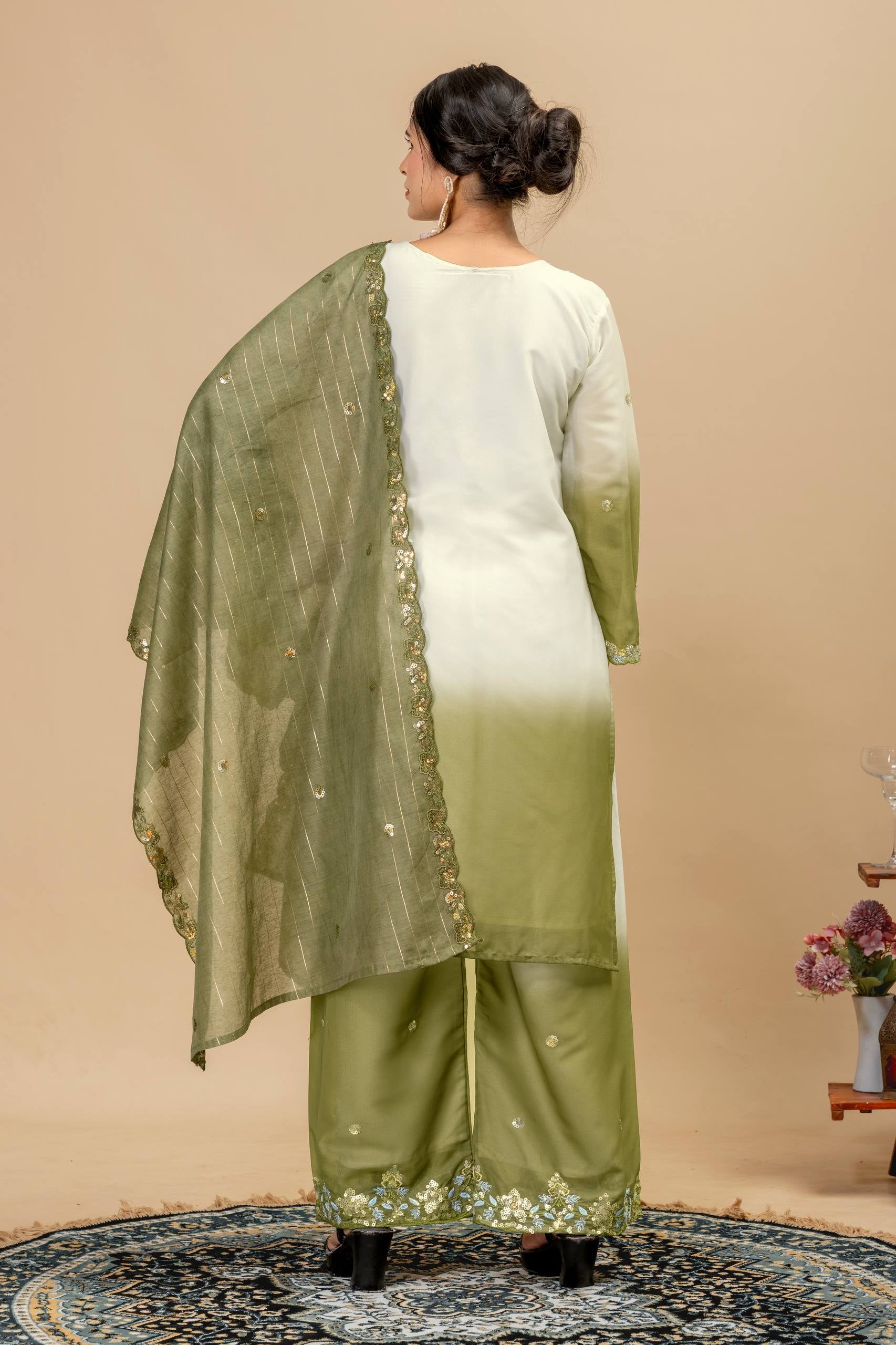 Womenline Olive Mist Embroidered Palazzo Suit with Graceful Dupatta