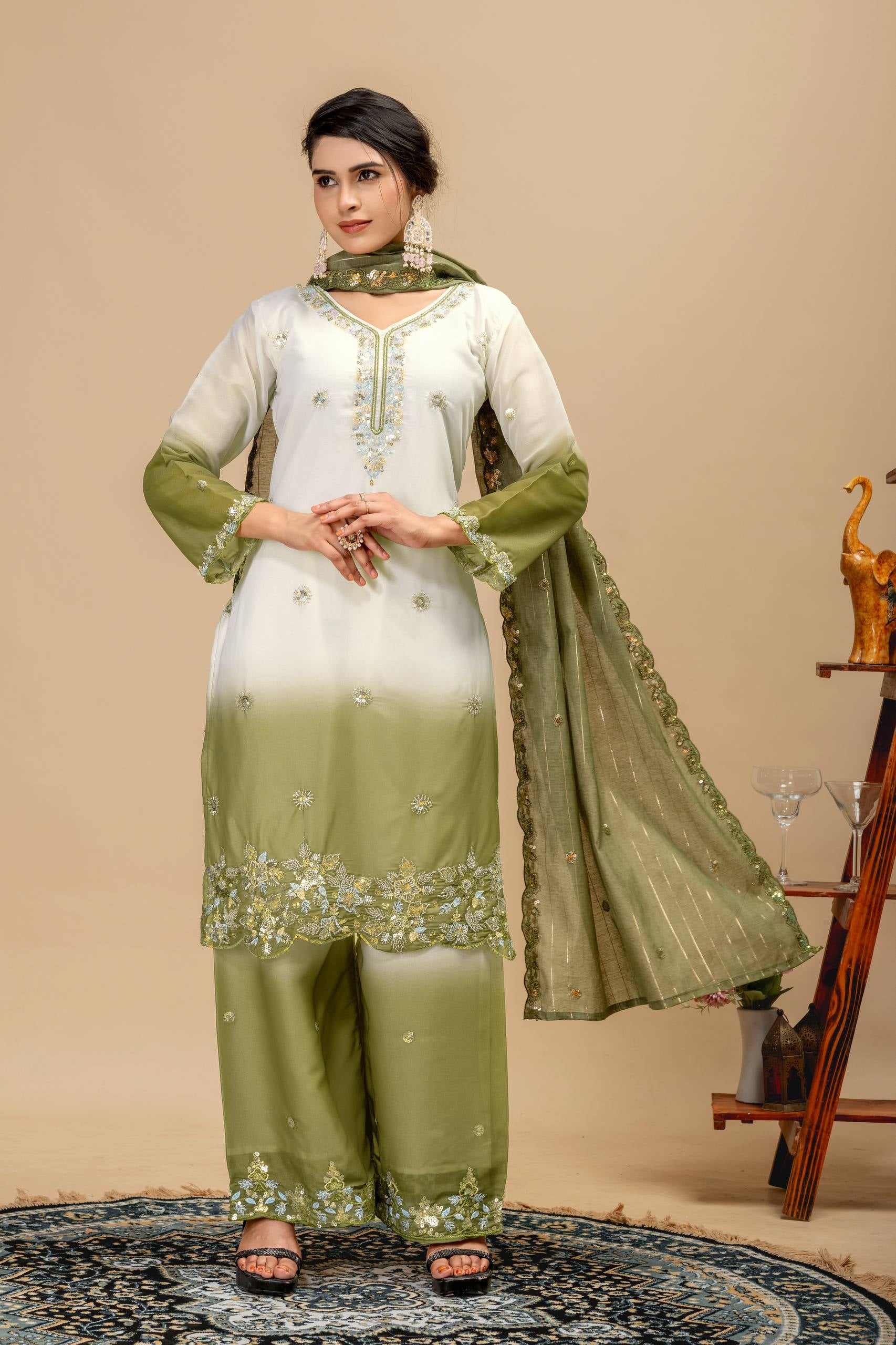 Womenline Olive Mist Embroidered Palazzo Suit with Graceful Dupatta