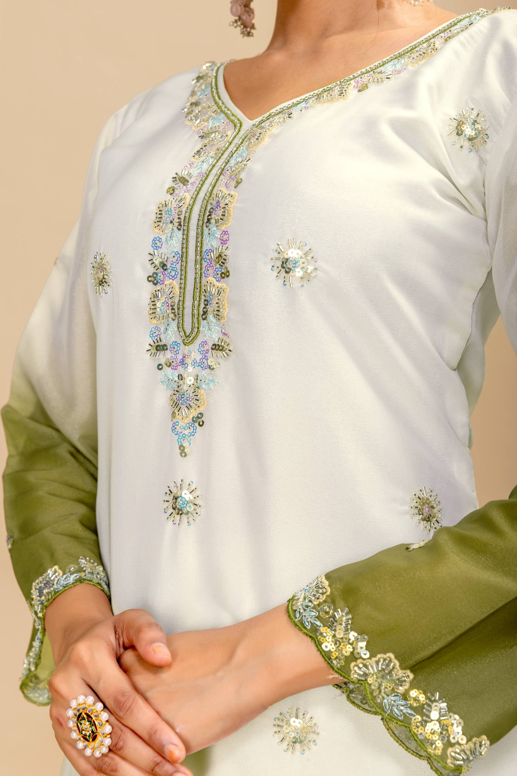 Womenline Olive Mist Embroidered Palazzo Suit with Graceful Dupatta