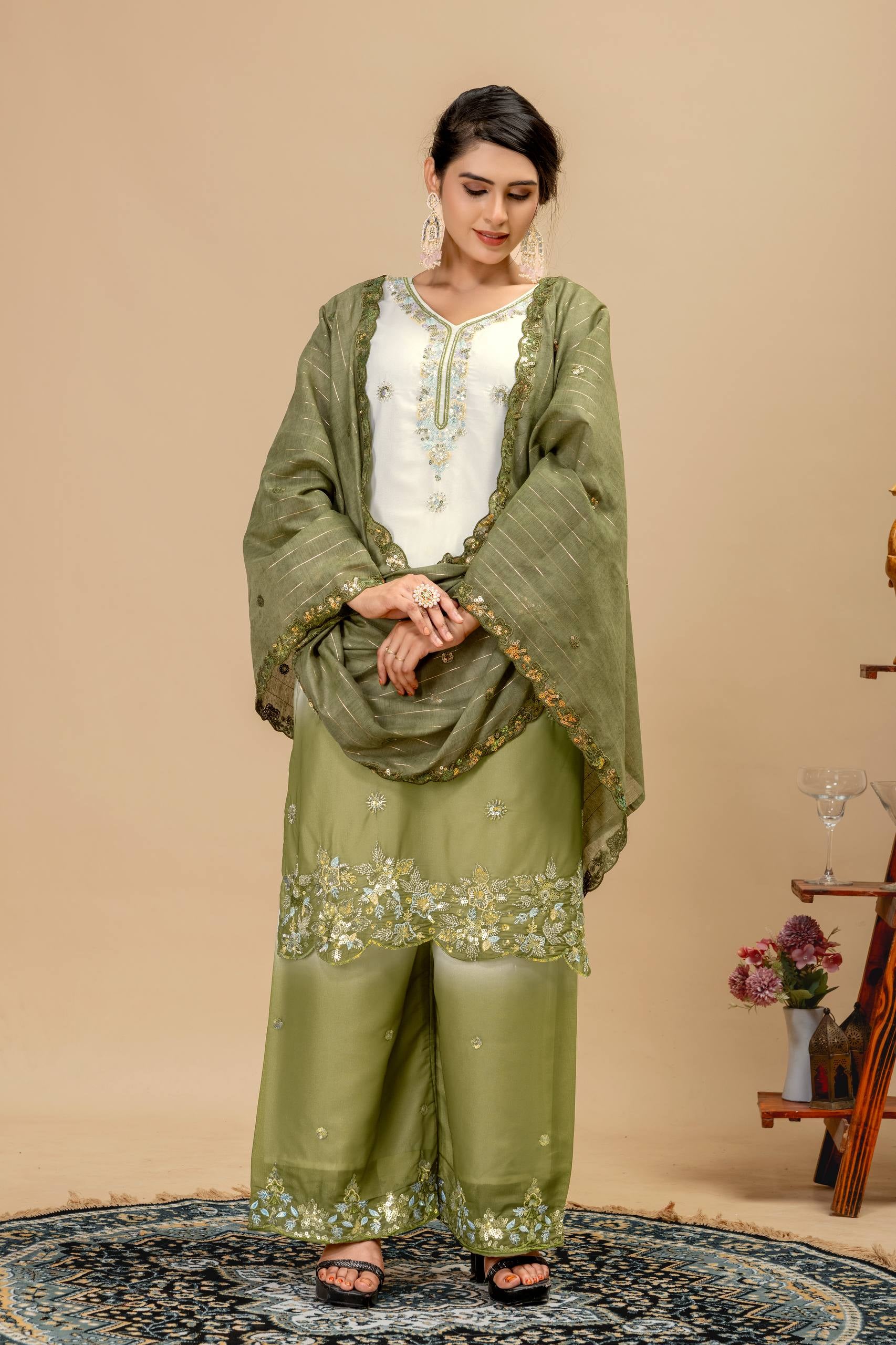 Womenline Olive Mist Embroidered Palazzo Suit with Graceful Dupatta