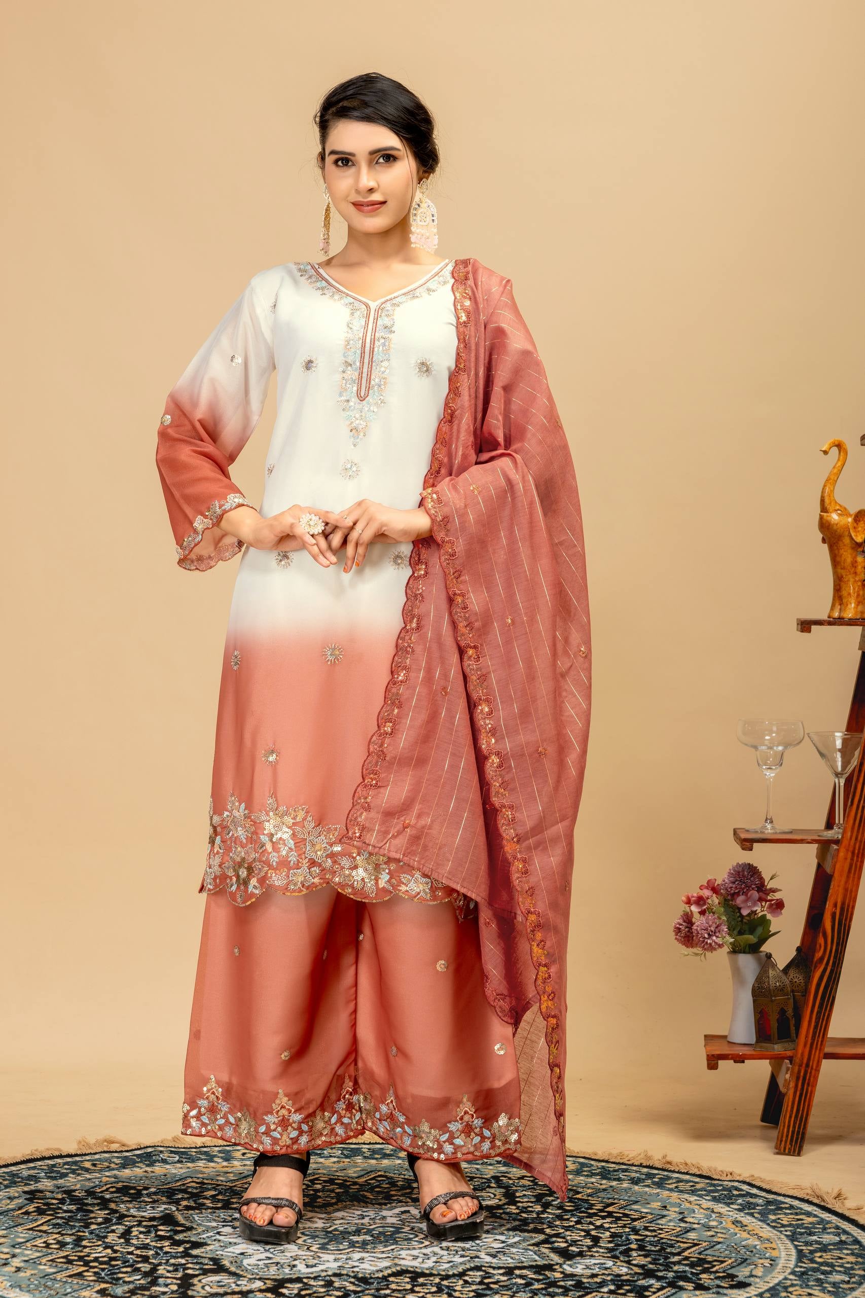 Womenline Rose Blush Embroidered Palazzo Suit with Elegant Dupatta