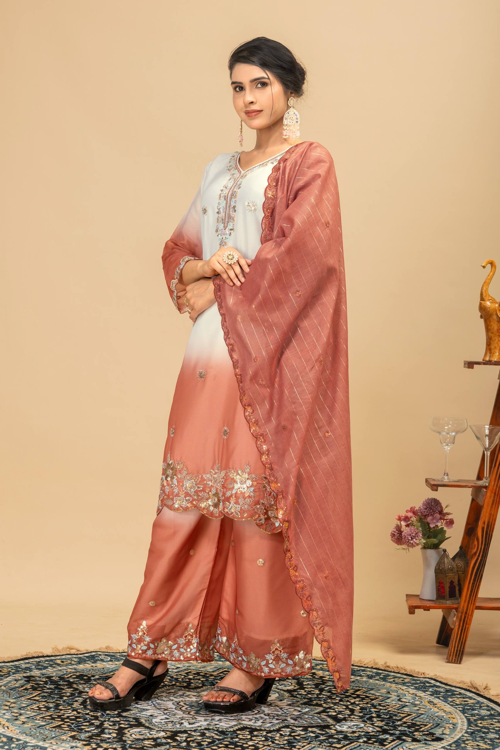 Womenline Rose Blush Embroidered Palazzo Suit with Elegant Dupatta