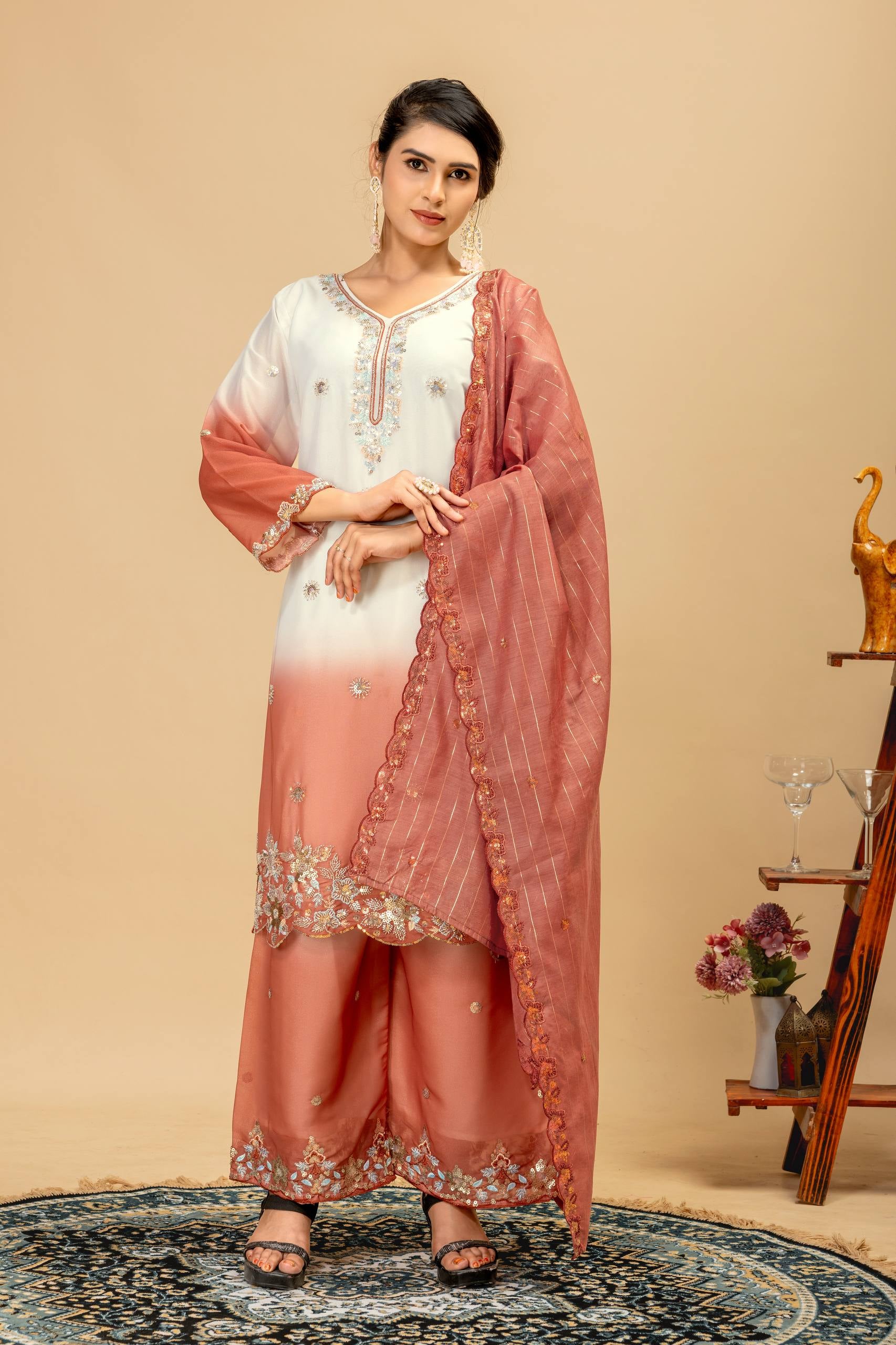 Womenline Rose Blush Embroidered Palazzo Suit with Elegant Dupatta