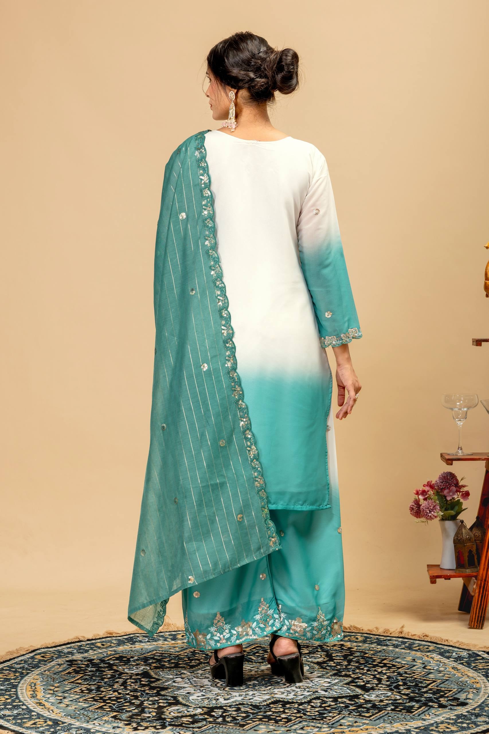 Womenline Aqua Blue Ombre Embroidered Palazzo Suit with Designer Dupatta