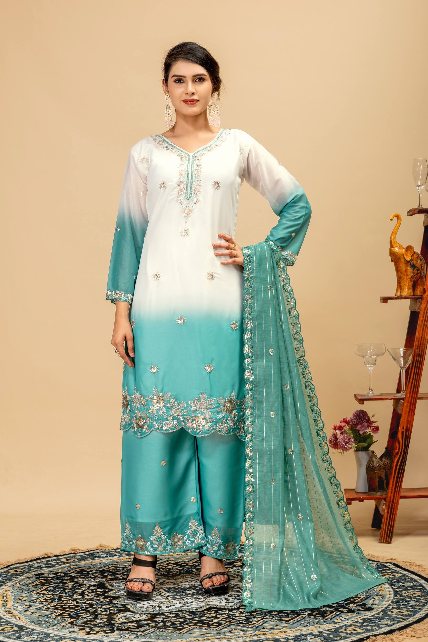 Womenline Aqua Blue Ombre Embroidered Palazzo Suit with Designer Dupatta