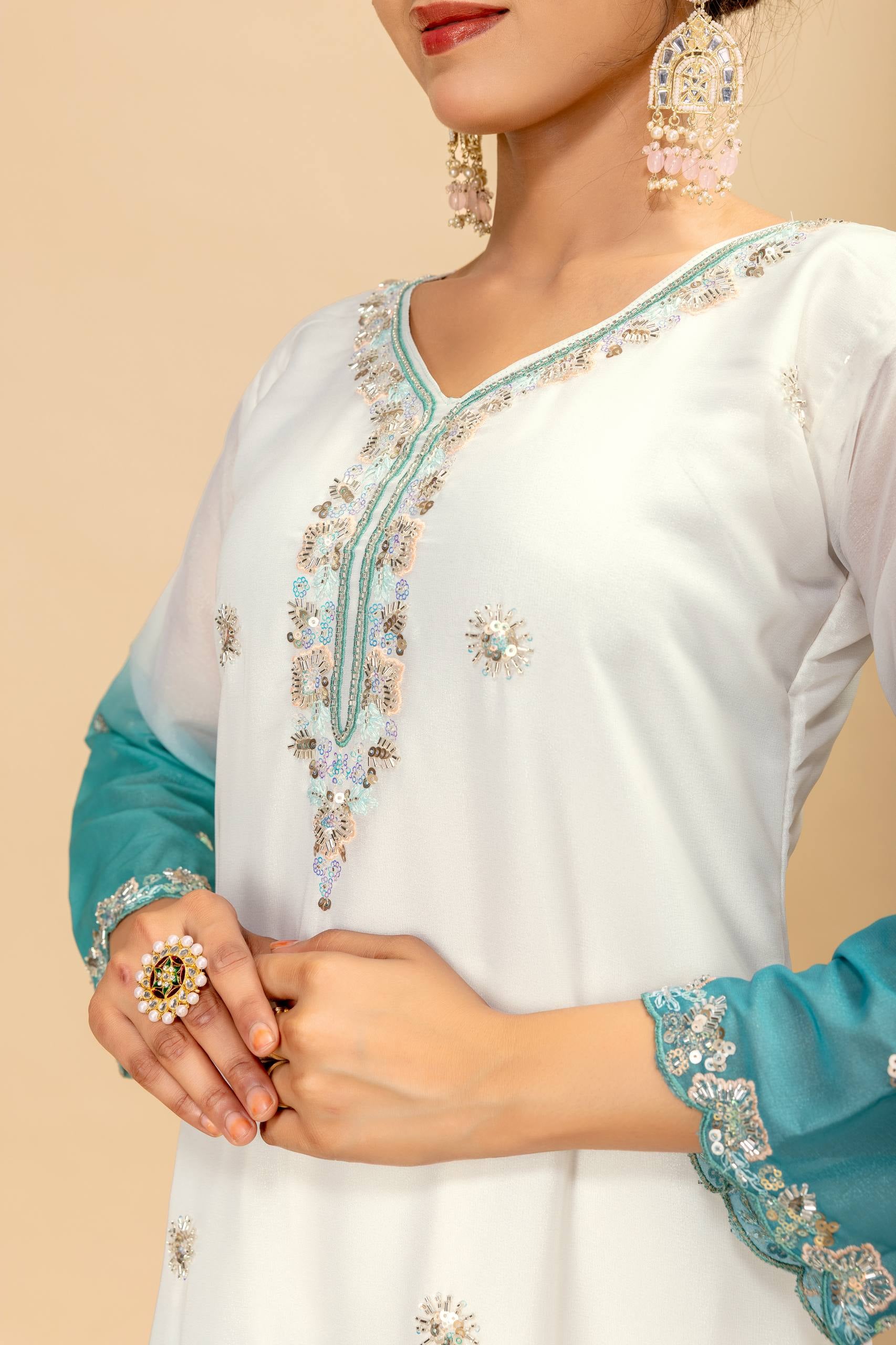 Womenline Aqua Blue Ombre Embroidered Palazzo Suit with Designer Dupatta