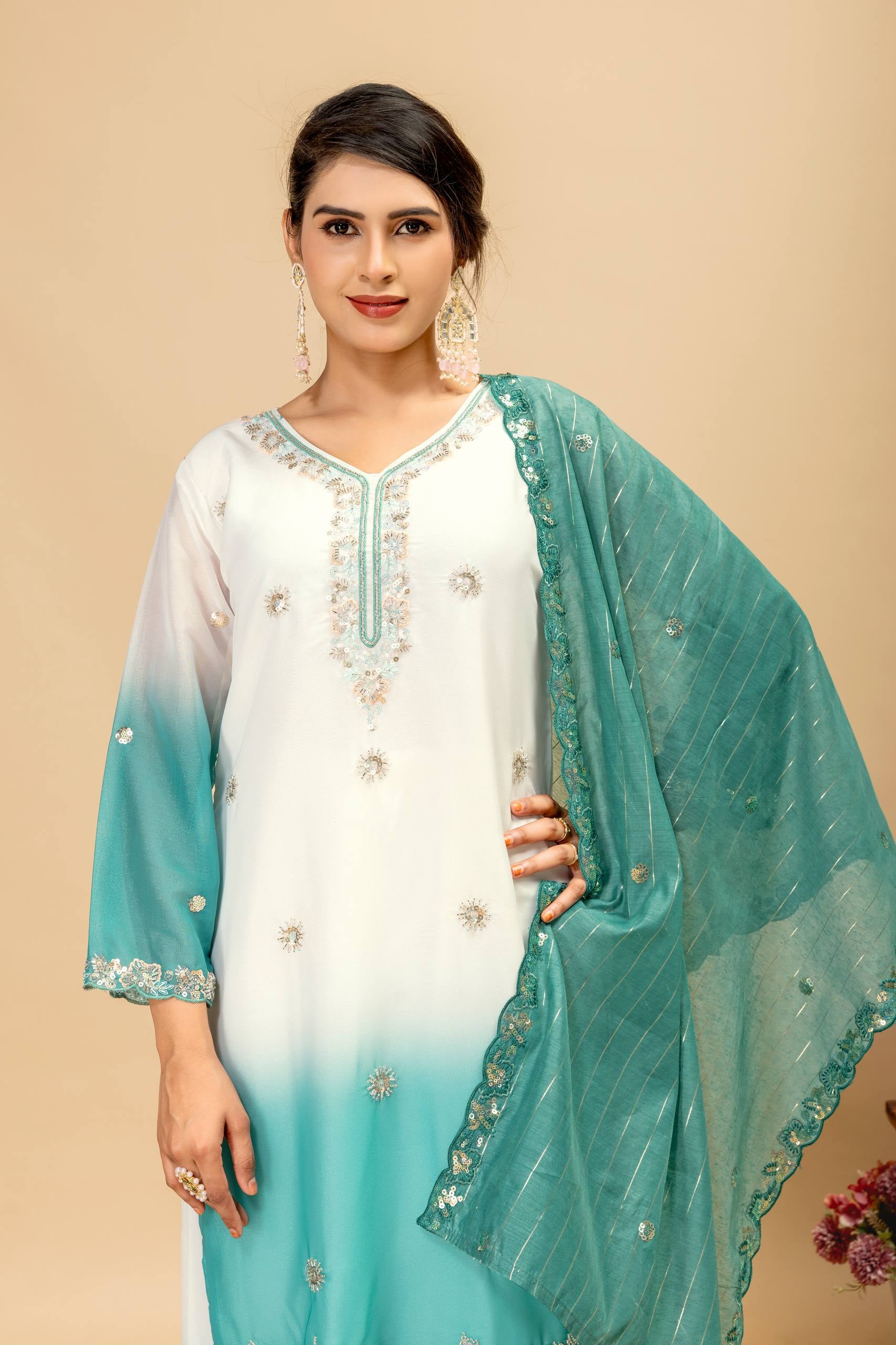 Womenline Aqua Blue Ombre Embroidered Palazzo Suit with Designer Dupatta