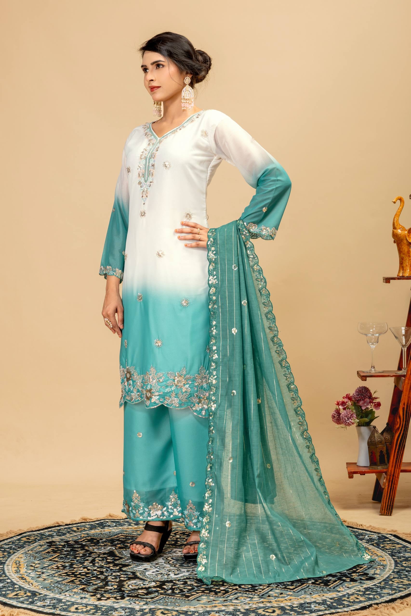Womenline Aqua Blue Ombre Embroidered Palazzo Suit with Designer Dupatta