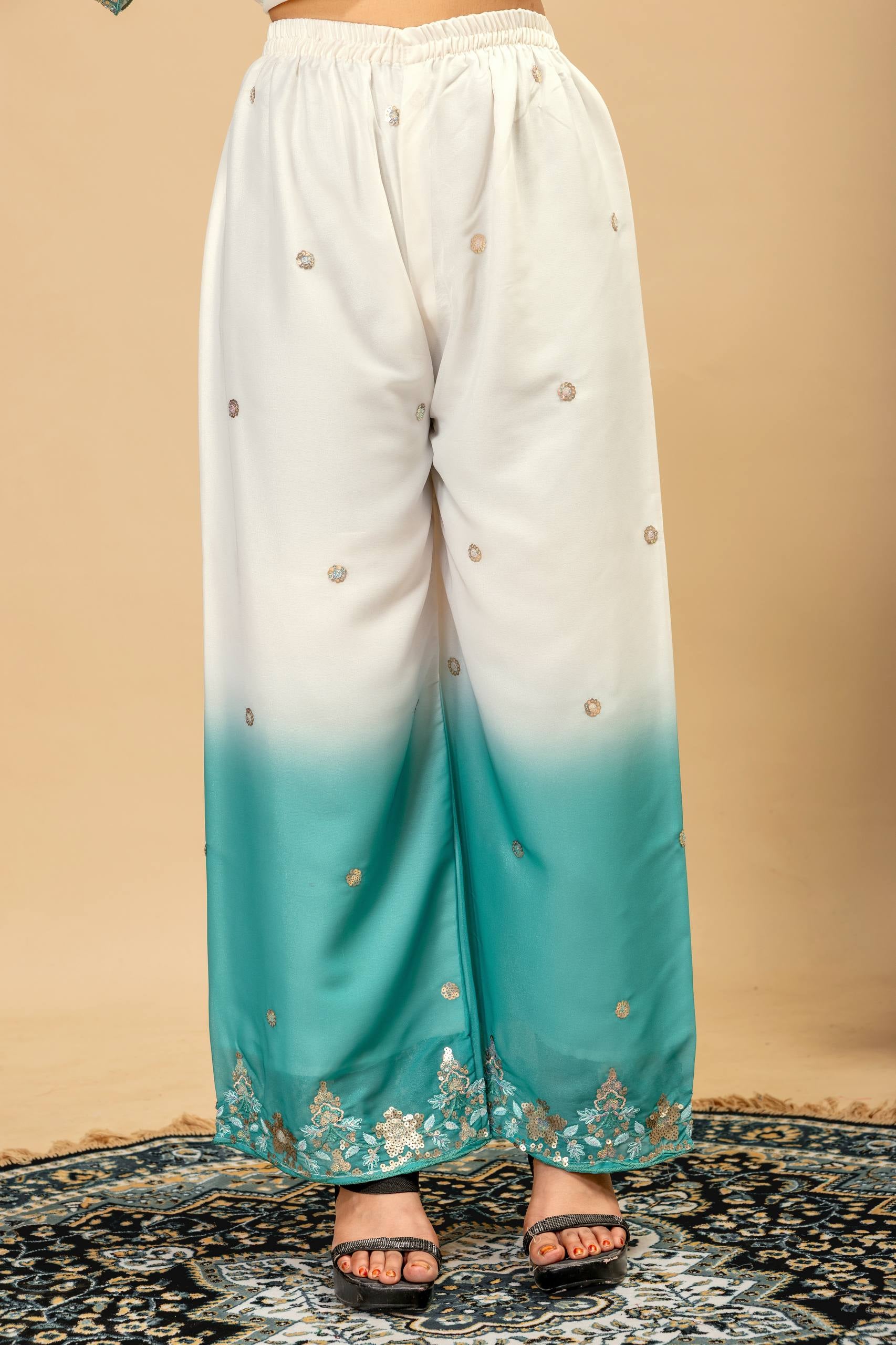 Womenline Aqua Blue Ombre Embroidered Palazzo Suit with Designer Dupatta