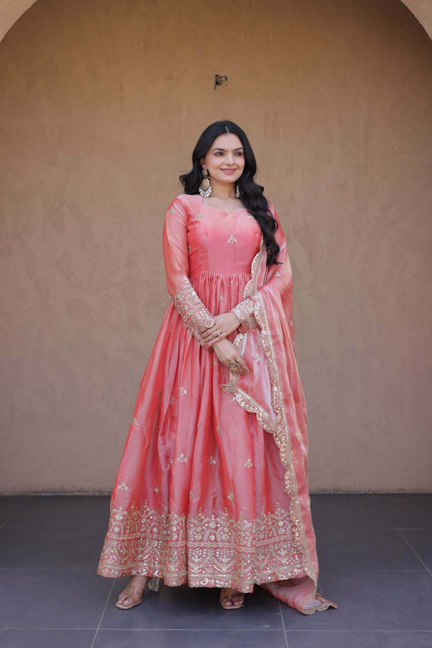 Womenline Blush Pink Royal Anarkali Gown with Embroidered Dupatta