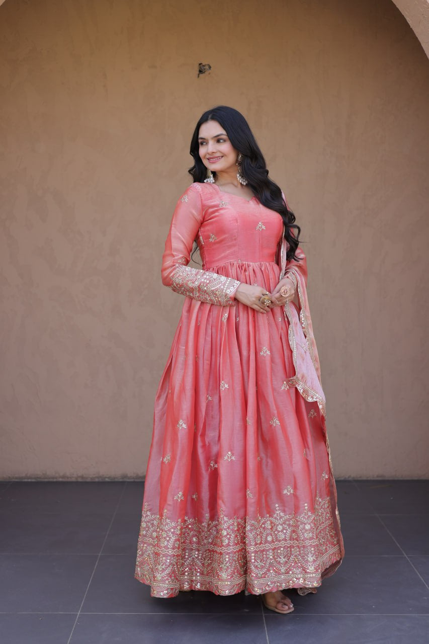 Womenline Blush Pink Royal Anarkali Gown with Embroidered Dupatta