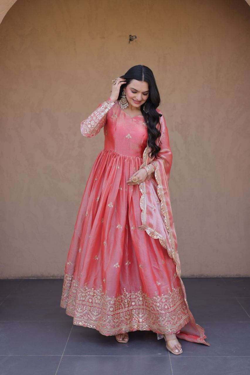 Womenline Blush Pink Royal Anarkali Gown with Embroidered Dupatta