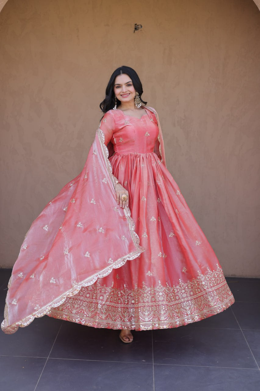 Womenline Blush Pink Royal Anarkali Gown with Embroidered Dupatta