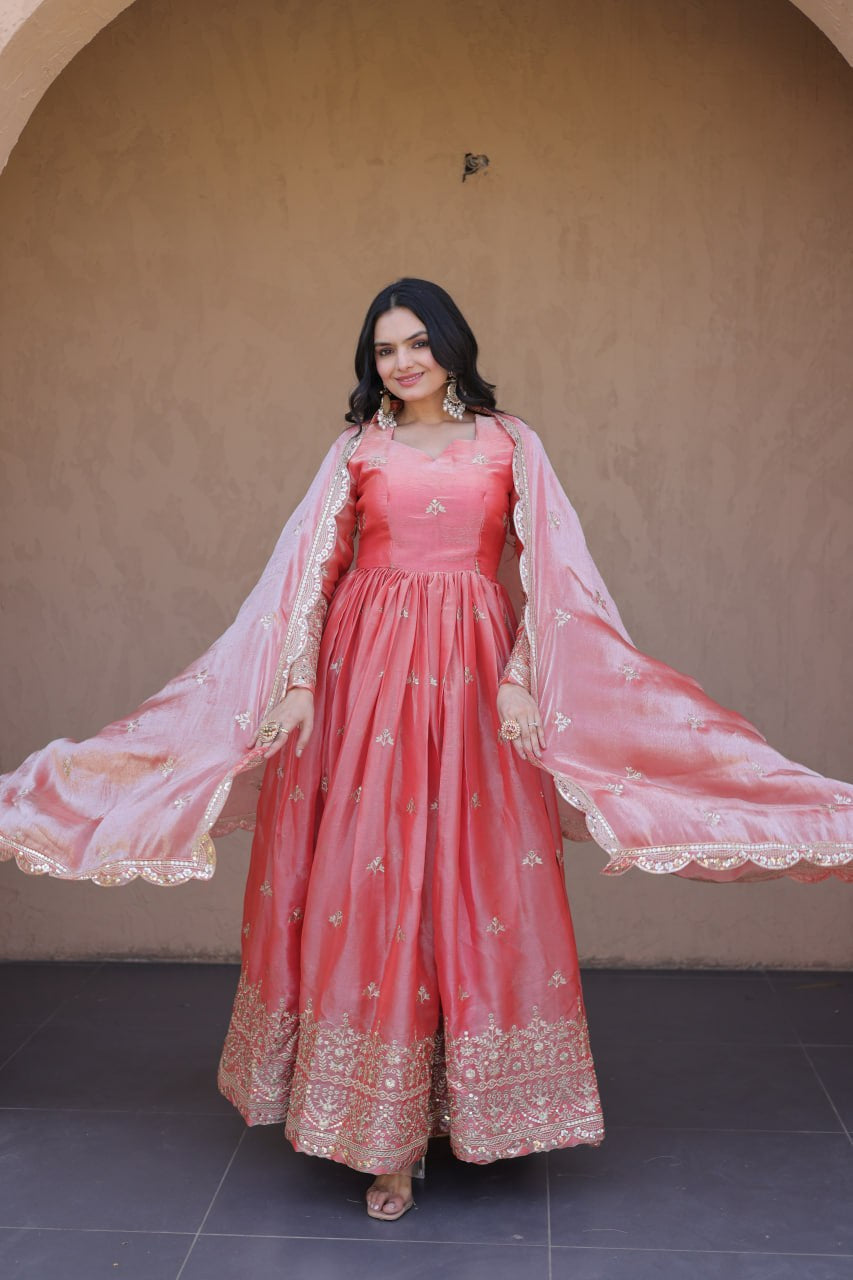 Womenline Blush Pink Royal Anarkali Gown with Embroidered Dupatta