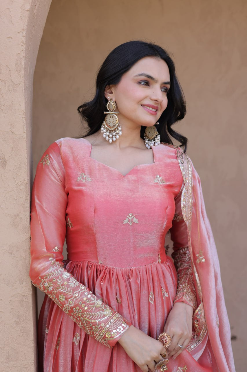 Womenline Blush Pink Royal Anarkali Gown with Embroidered Dupatta