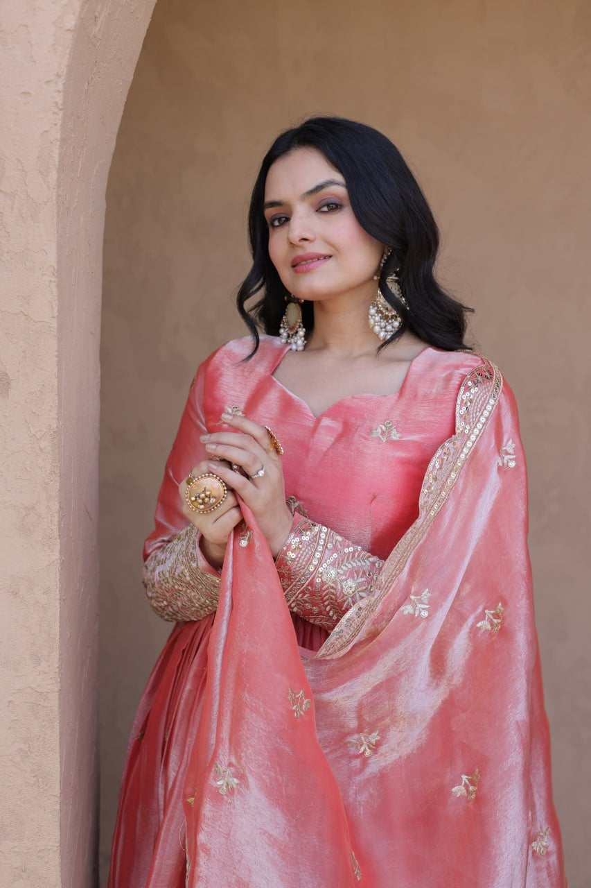 Womenline Blush Pink Royal Anarkali Gown with Embroidered Dupatta