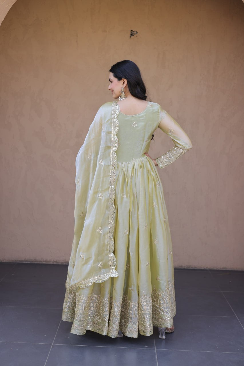 Womenline Pistachio Green Regal Anarkali Gown with Designer Dupatta