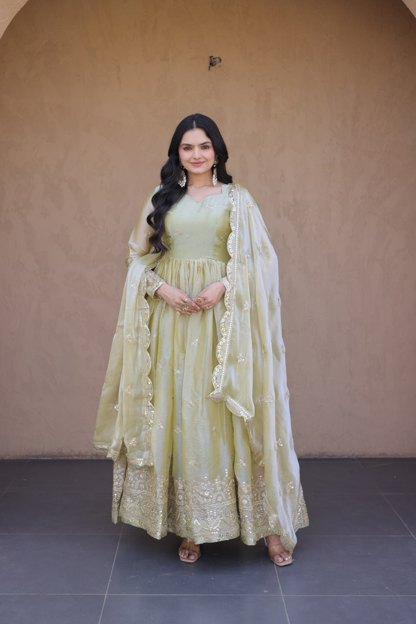 Womenline Pistachio Green Regal Anarkali Gown with Designer Dupatta