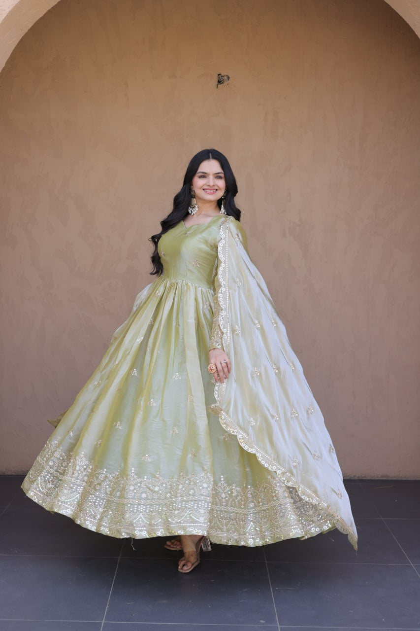 Womenline Pistachio Green Regal Anarkali Gown with Designer Dupatta