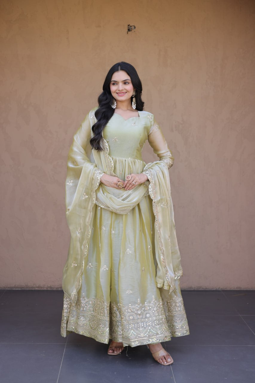 Womenline Pistachio Green Regal Anarkali Gown with Designer Dupatta