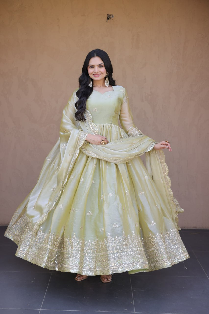 Womenline Pistachio Green Regal Anarkali Gown with Designer Dupatta