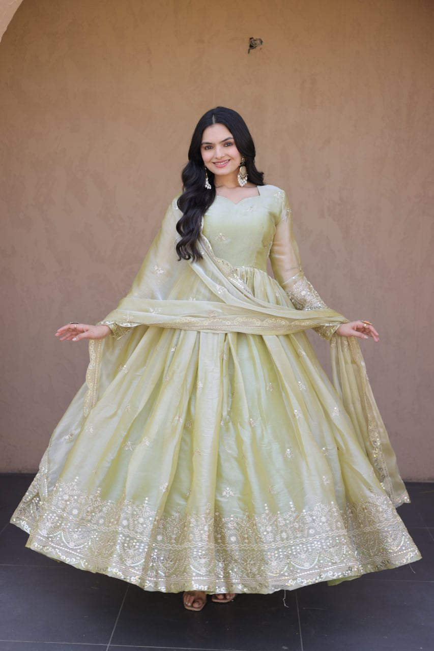 Womenline Pistachio Green Regal Anarkali Gown with Designer Dupatta