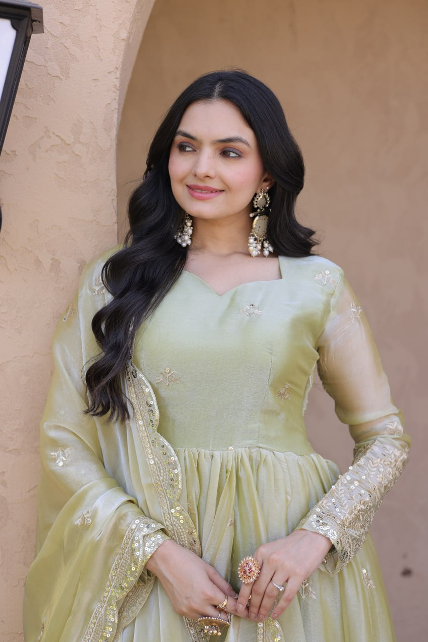 Womenline Pistachio Green Regal Anarkali Gown with Designer Dupatta