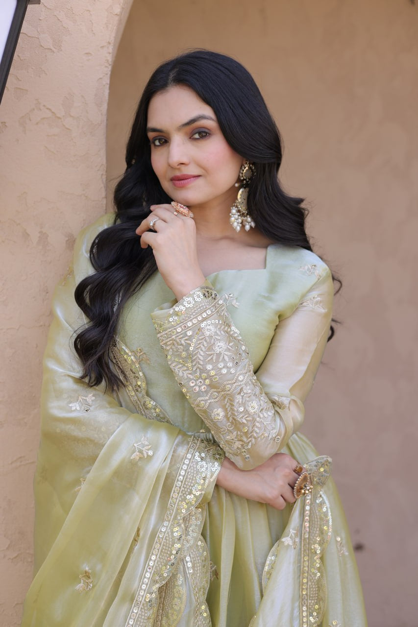 Womenline Pistachio Green Regal Anarkali Gown with Designer Dupatta
