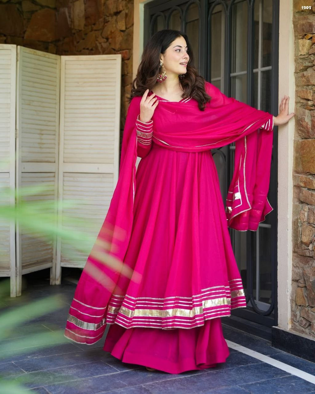 Womenline Rani Pink Anarkali Sharara Set with Gota Border Dupatta