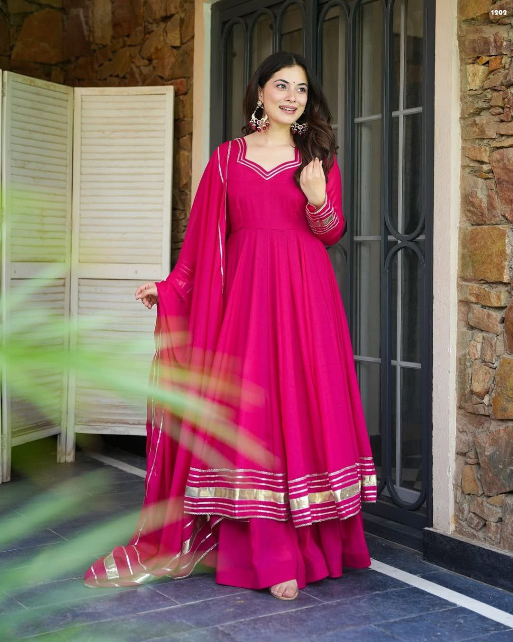 Womenline Rani Pink Anarkali Sharara Set with Gota Border Dupatta