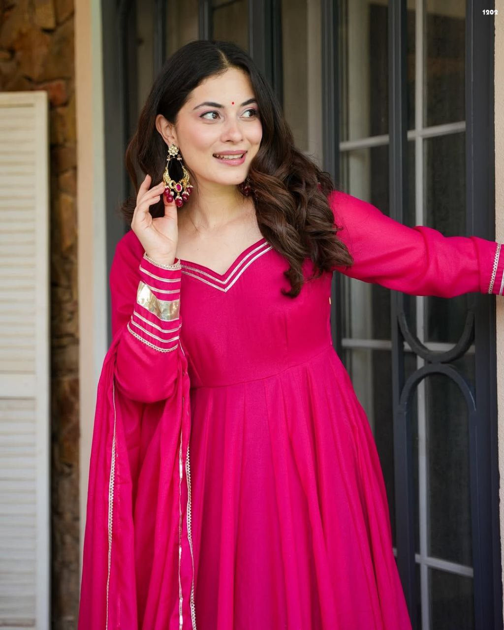 Womenline Rani Pink Anarkali Sharara Set with Gota Border Dupatta