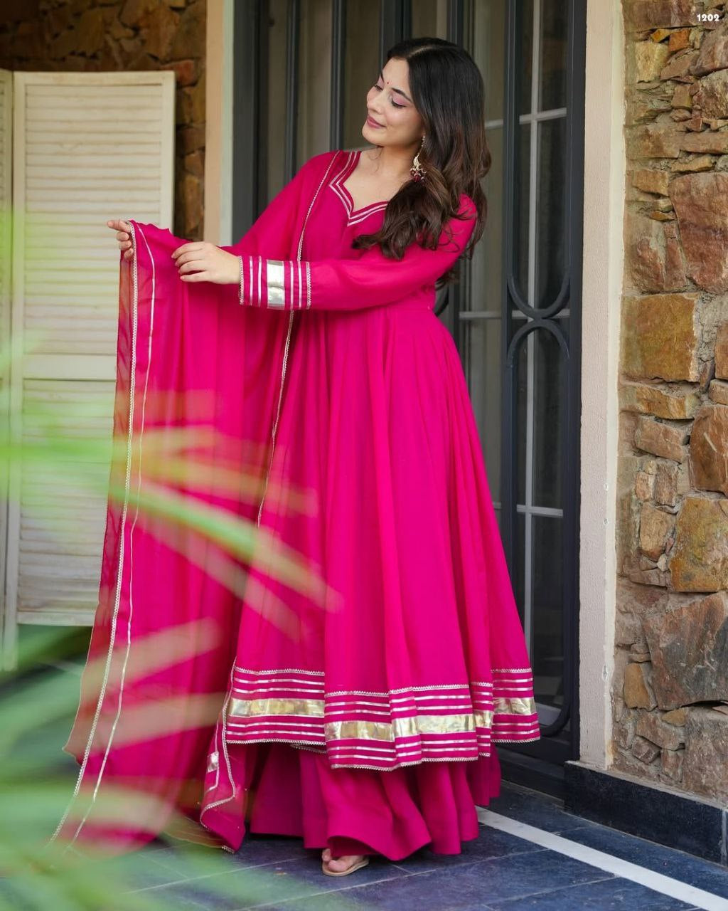 Womenline Rani Pink Anarkali Sharara Set with Gota Border Dupatta