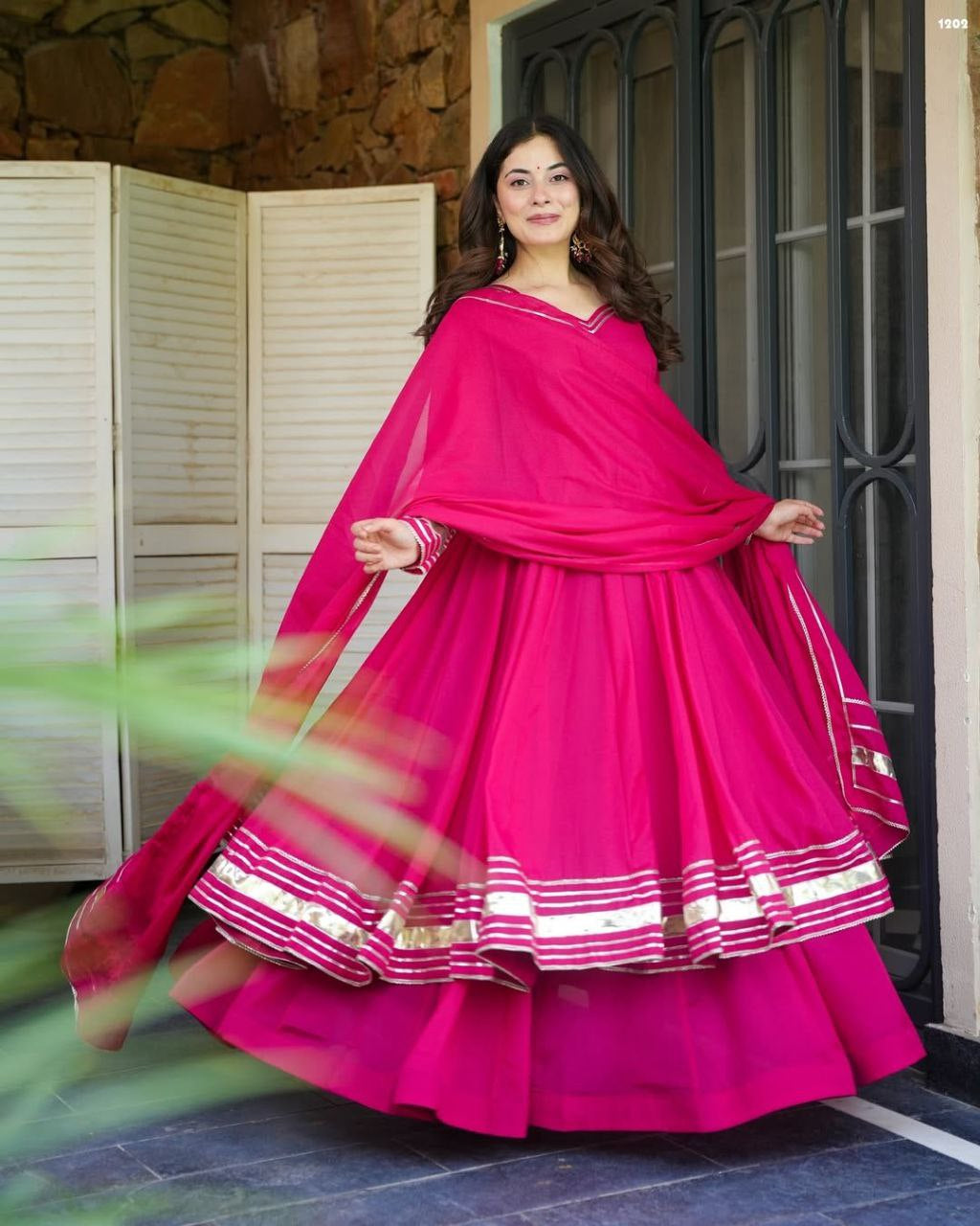 Womenline Rani Pink Anarkali Sharara Set with Gota Border Dupatta