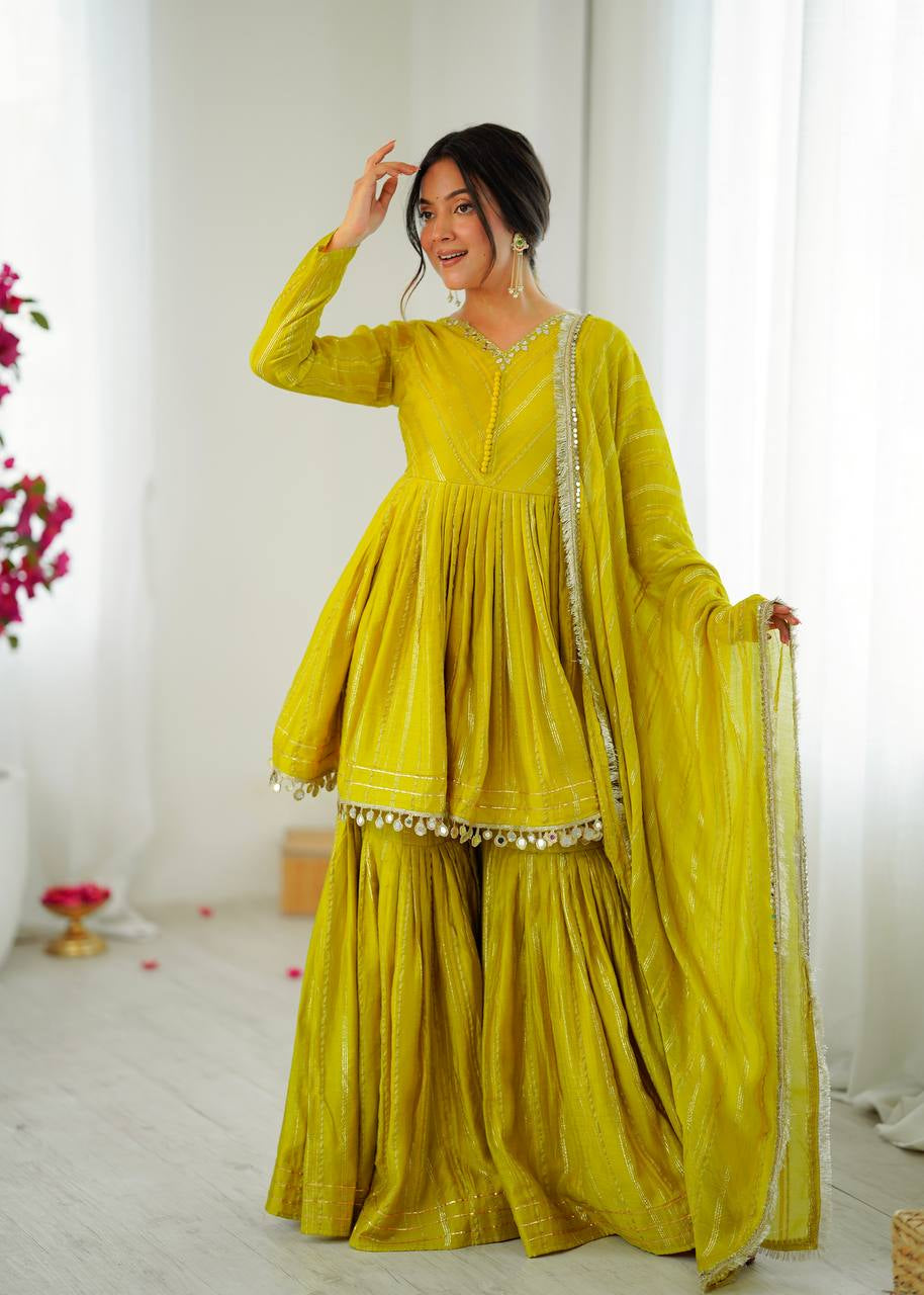 Womenline Sunlit Citrine Designer Sharara Suit Set with Lurex Dupatta