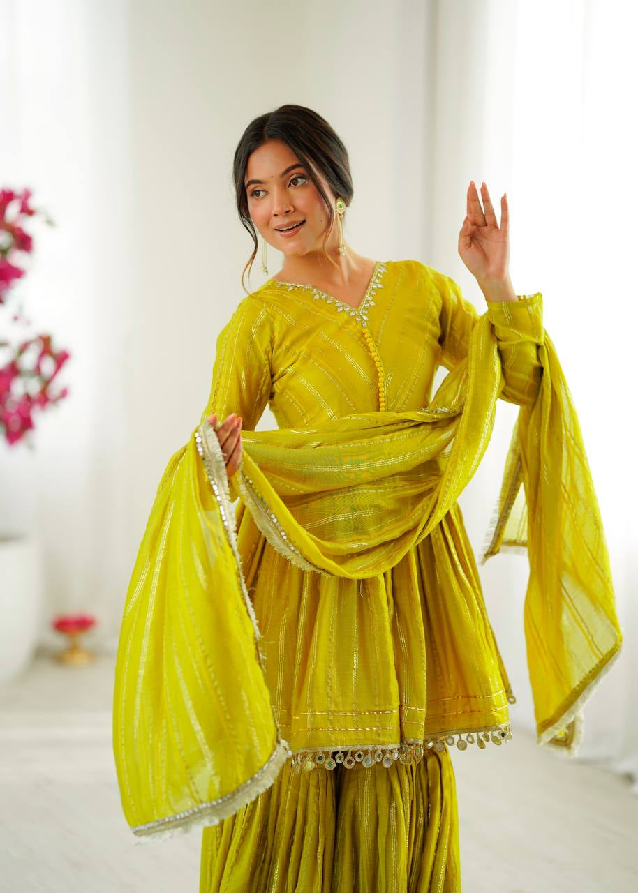 Womenline Sunlit Citrine Designer Sharara Suit Set with Lurex Dupatta