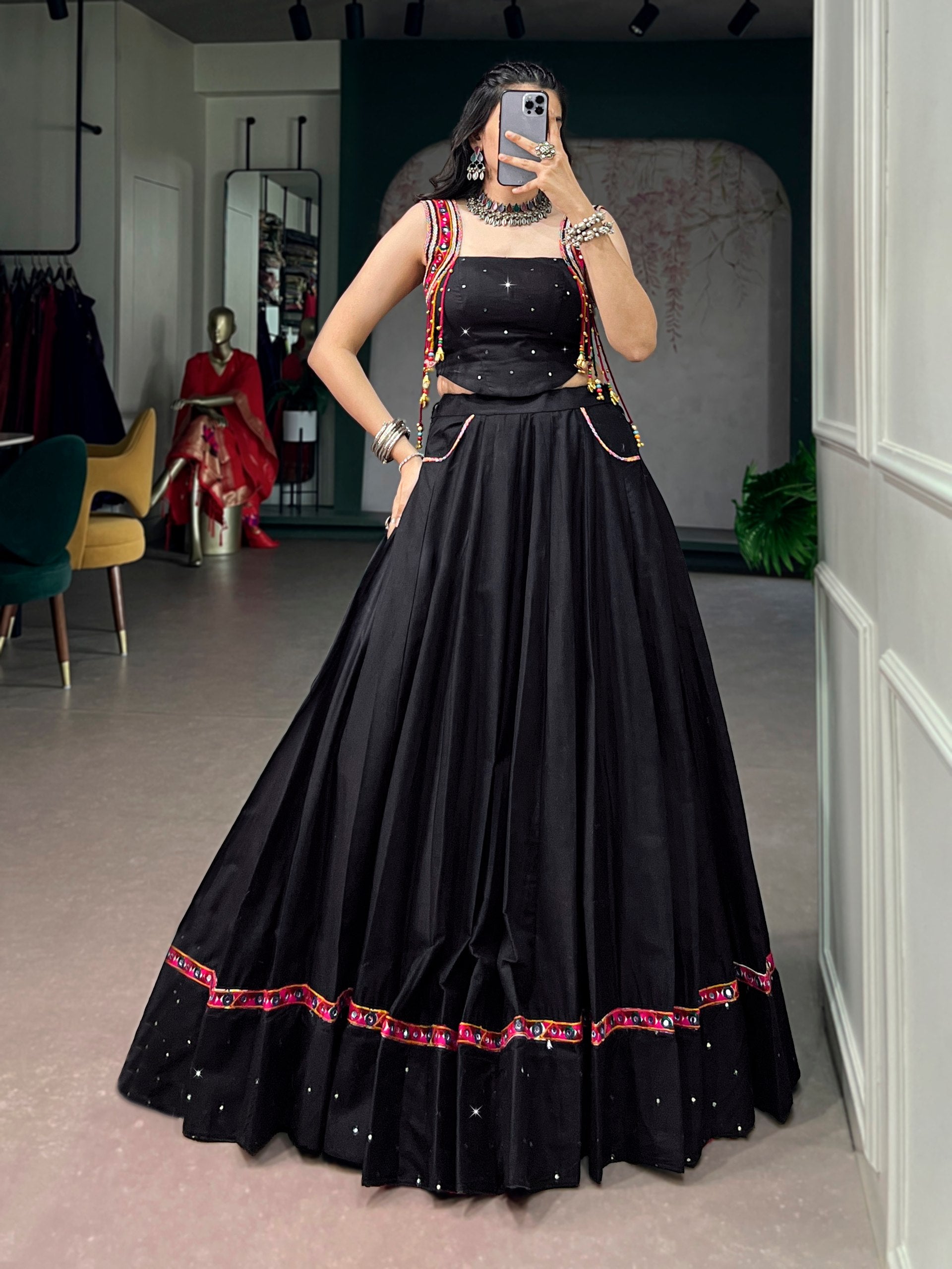 Womenline Midnight Black Mirror Work Lehenga Set with Artisan Jacket