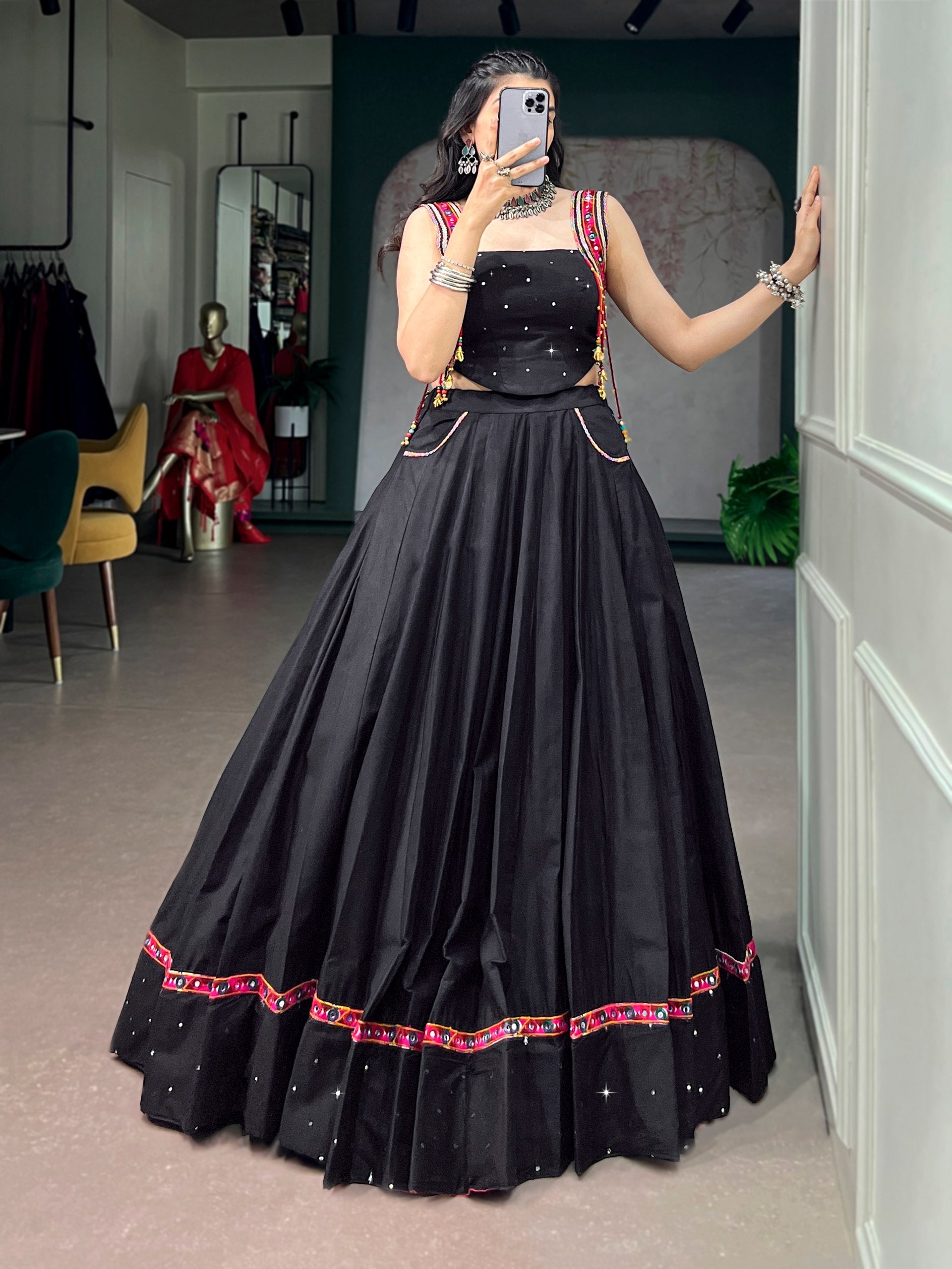 Womenline Midnight Black Mirror Work Lehenga Set with Artisan Jacket