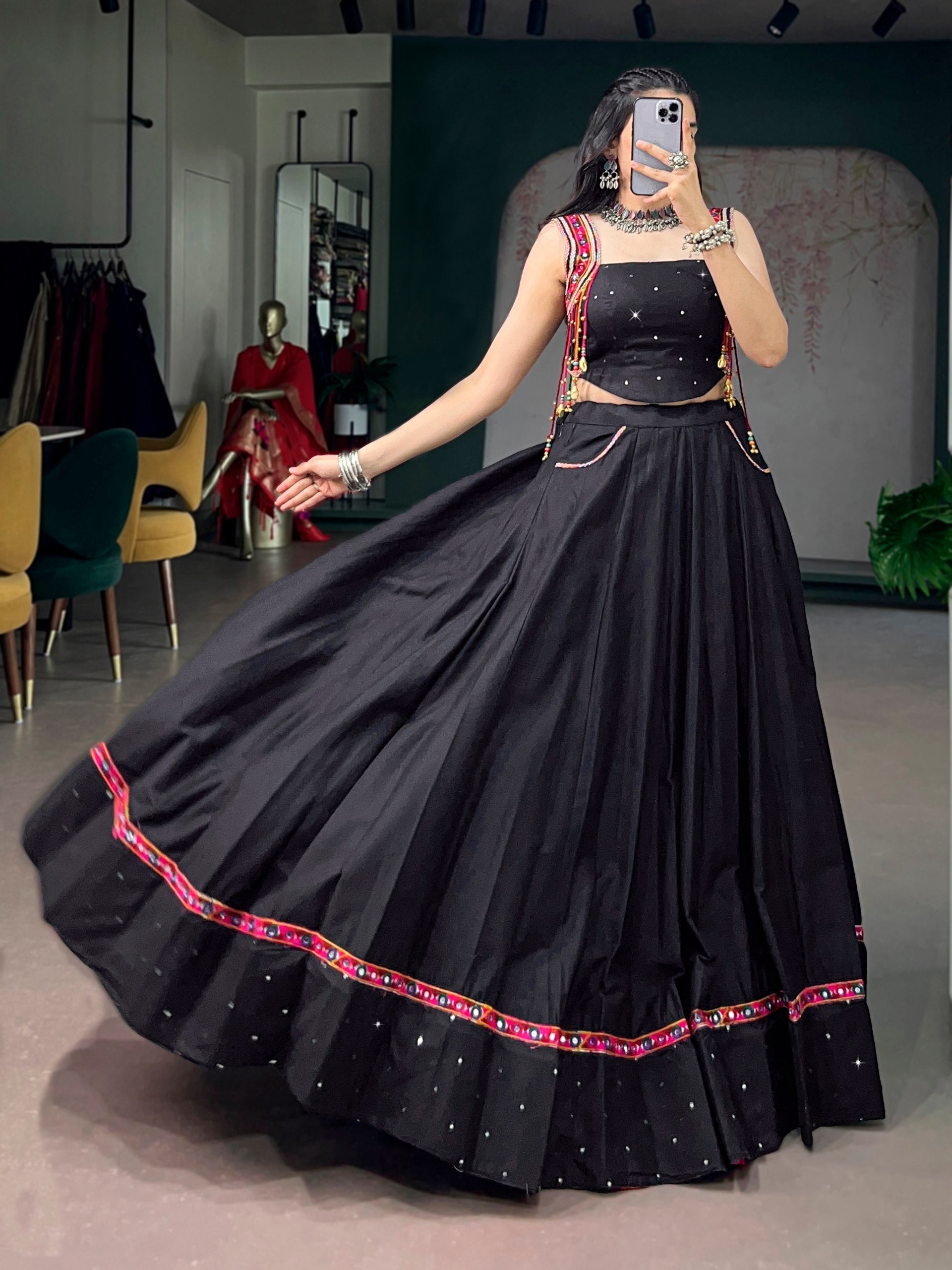 Womenline Midnight Black Mirror Work Lehenga Set with Artisan Jacket