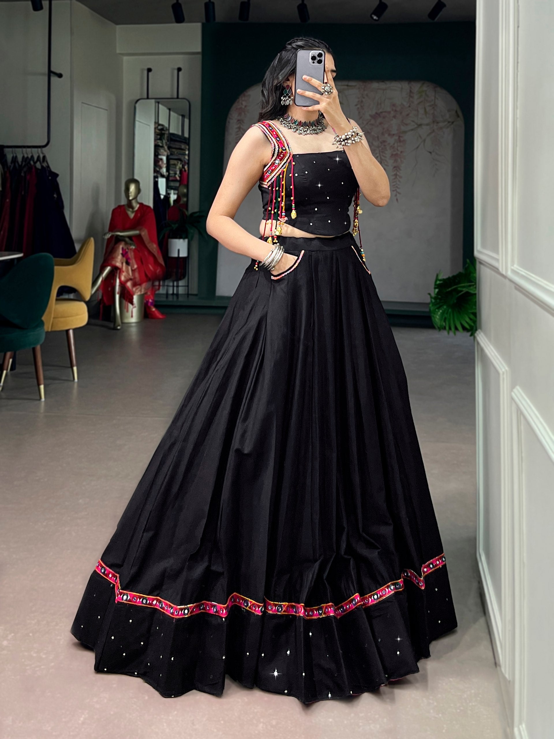 Womenline Midnight Black Mirror Work Lehenga Set with Artisan Jacket