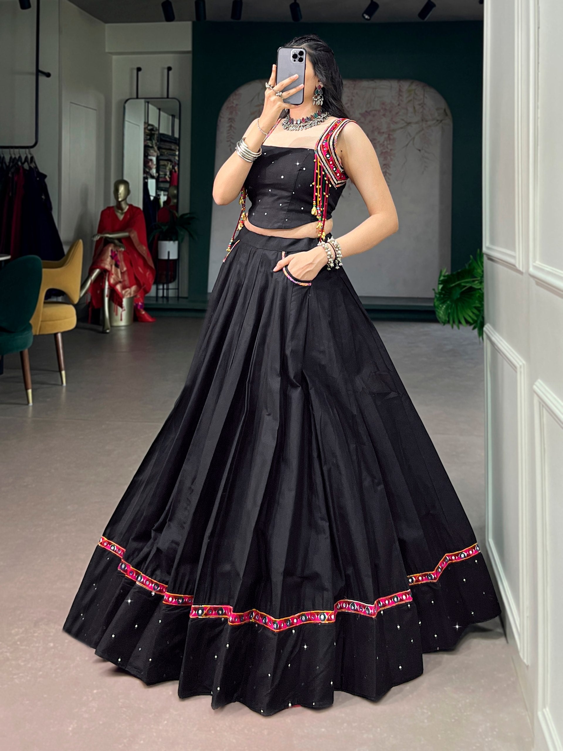Womenline Midnight Black Mirror Work Lehenga Set with Artisan Jacket