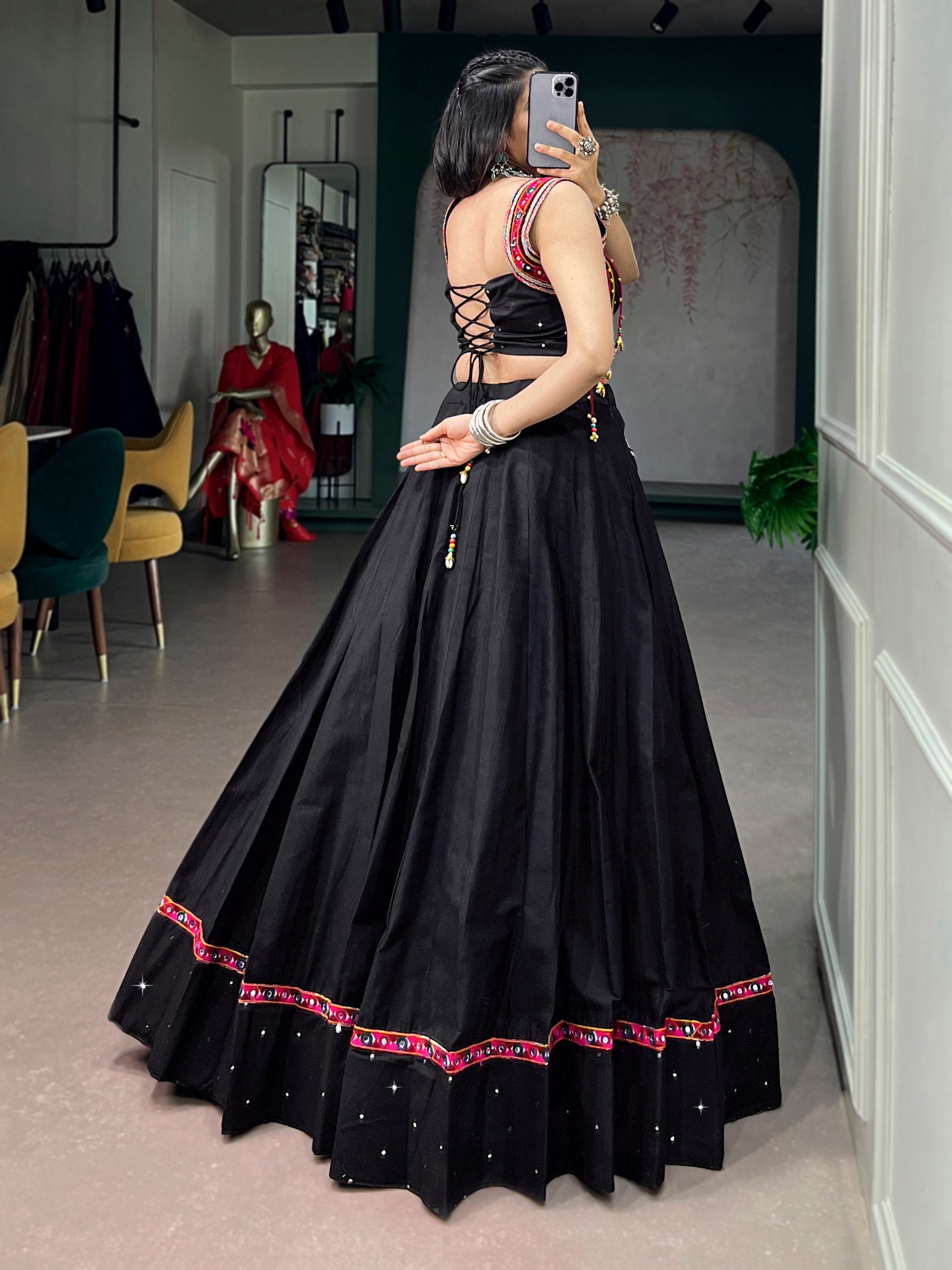 Womenline Midnight Black Mirror Work Lehenga Set with Artisan Jacket